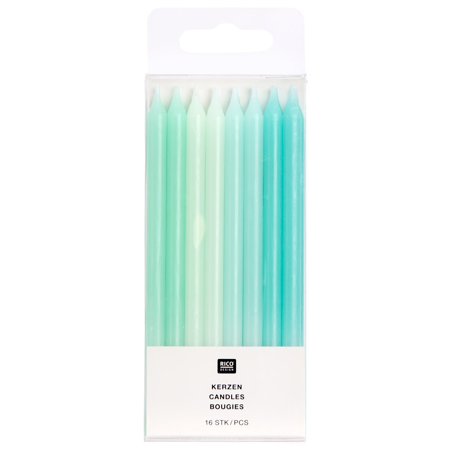 Kerzen lang 12cm, 16 Stück, von Rico Design in zarten Pastelltönen, ideal als dekorative Tisch- oder Kuchenkerzen in transparenter Blisterverpackung