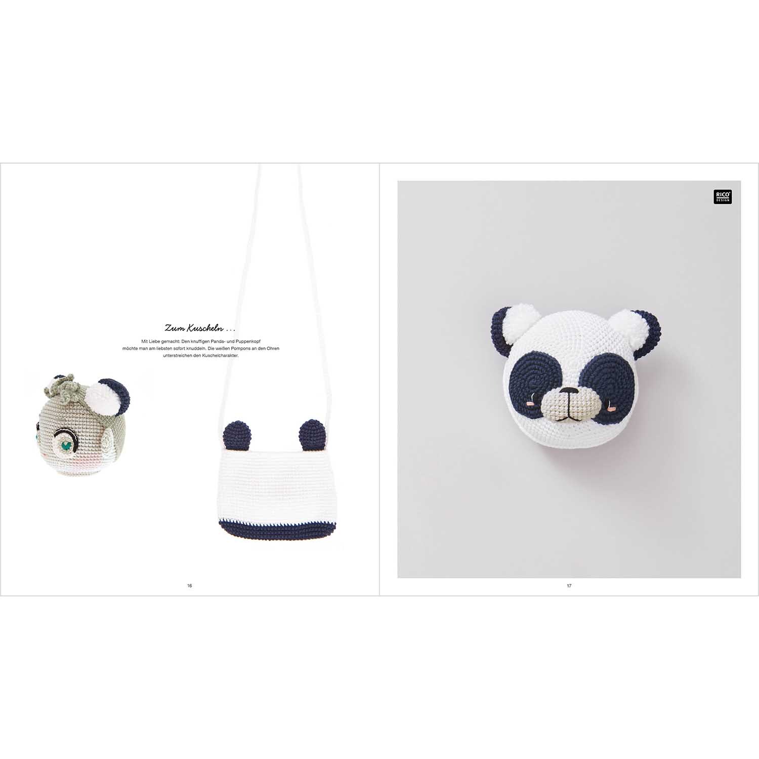 Ricorumi Crochet Your Character deutsch: Gehäkelter Panda-Kopf in Weiß und Dunkelblau von Rico Design.