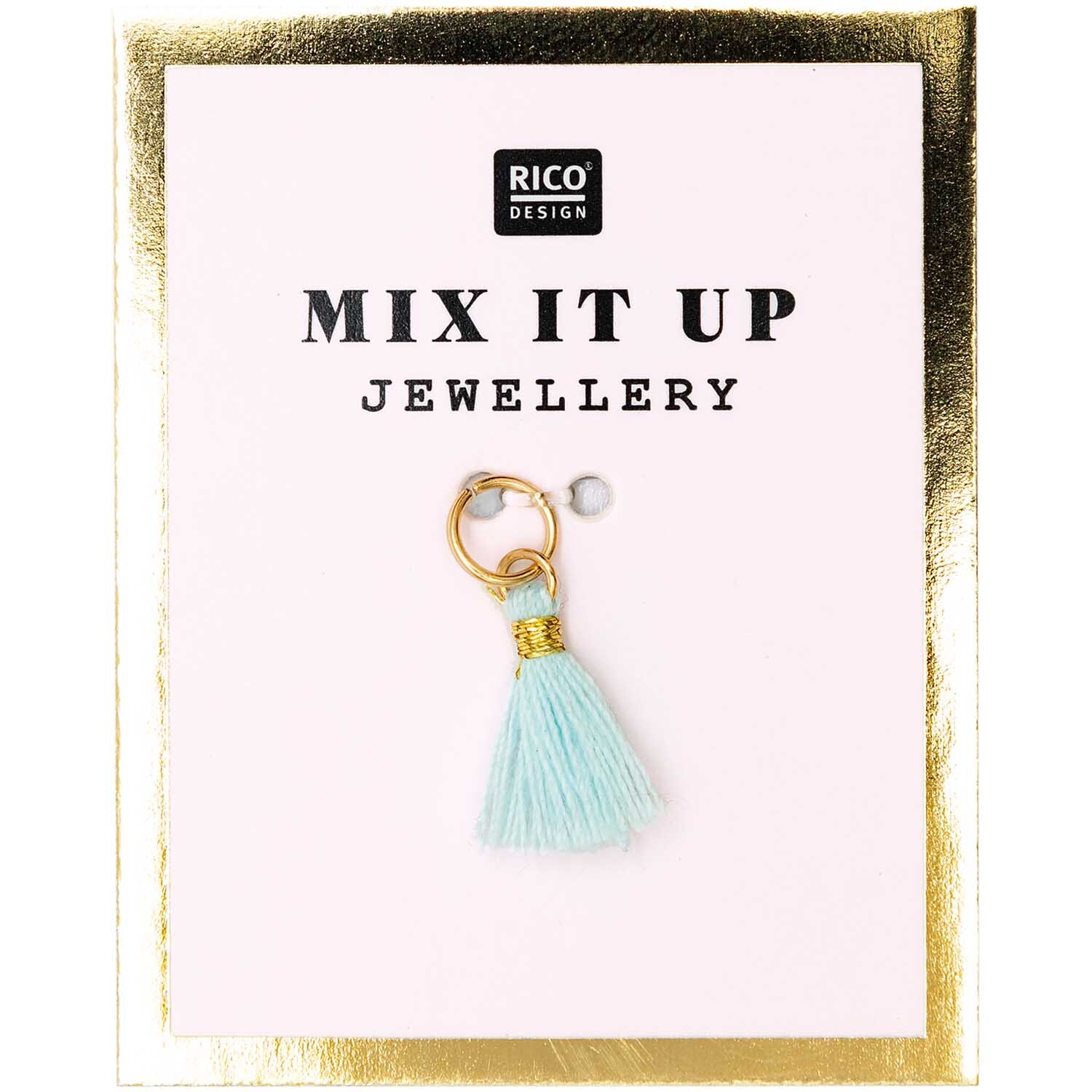Mix it Up - Jewellery Mini-Quaste 11mm: Goldener Ring mit hellblauer Quaste von Rico Design auf weißem Hintergrund.