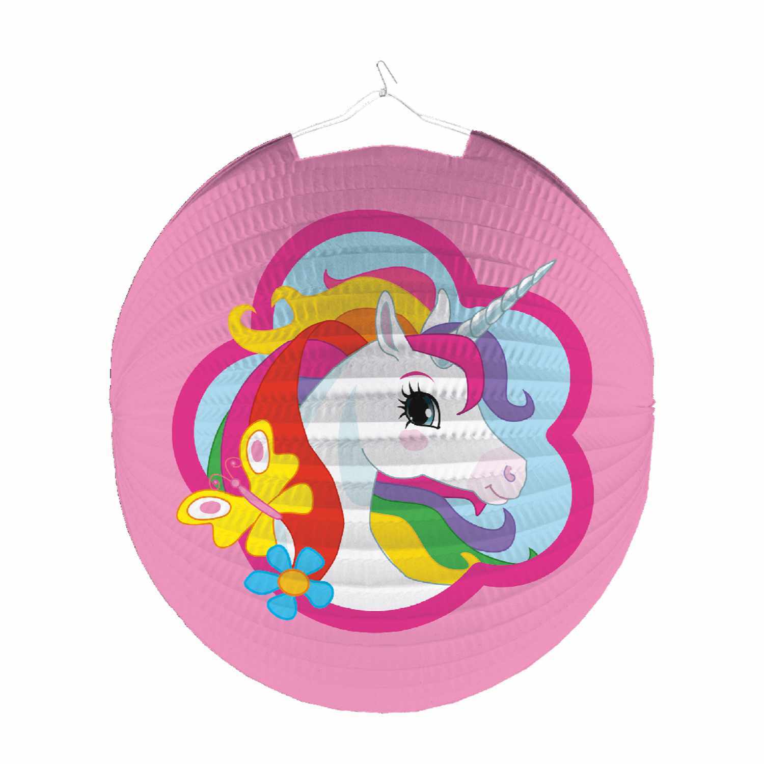 Lampionlaterne Einhorn 25cm mit buntem Einhornmotiv auf rosa Hintergrund, Marke Amscan. Ideal für Kinderpartys.
