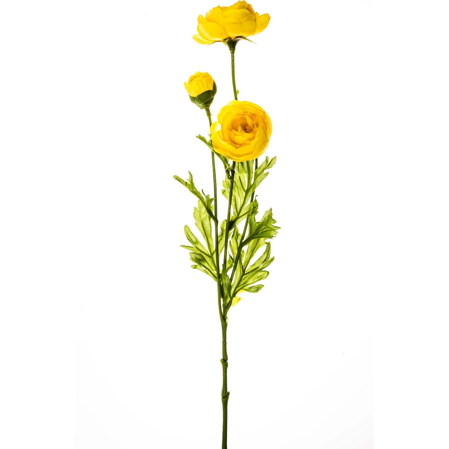 Ranunkel gelb 42cm: Künstliche gelbe Ranunkelblume mit grünen Blättern, ideal für Dekorationen.