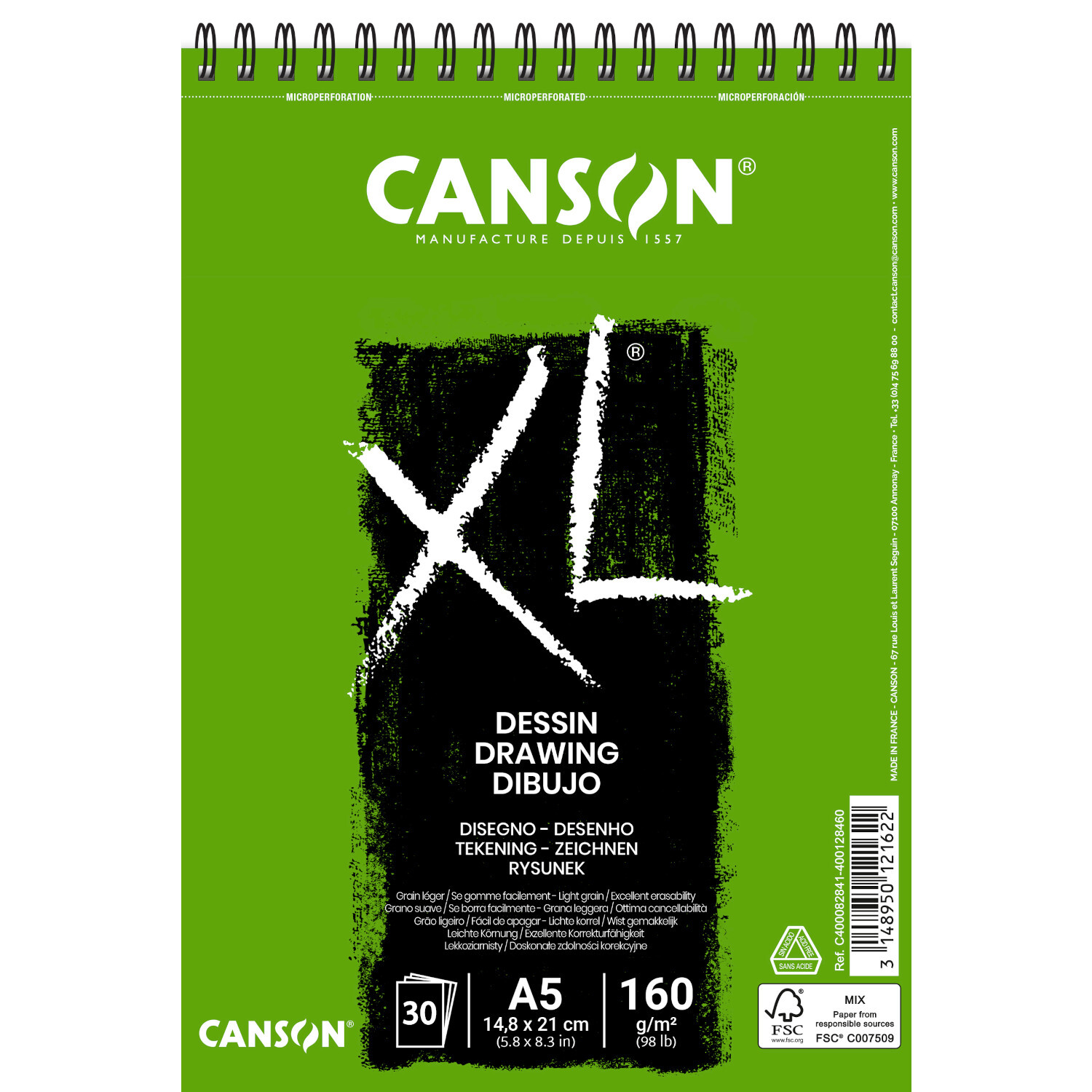 XL Dessin Spiralblock von Canson mit 30 Blättern, DIN A5, 160g/m², auf grünem Hintergrund.