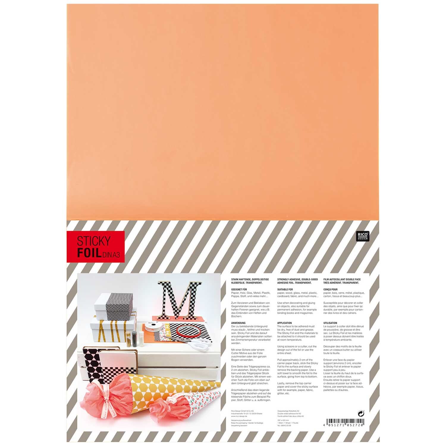 Sticky Tape doppelseitige Klebefolie DIN A3 von Rico Design, ideal für kreative Bastelprojekte. Bild zeigt Verpackung mit Anwendungsbeispielen.