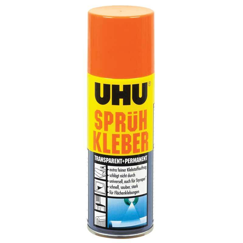 Sprühkleber permanent transparent 200ml von UHU mit orangefarbenem Deckel und gelbem Etikett. Ideal für saubere, starke Klebeverbindungen.