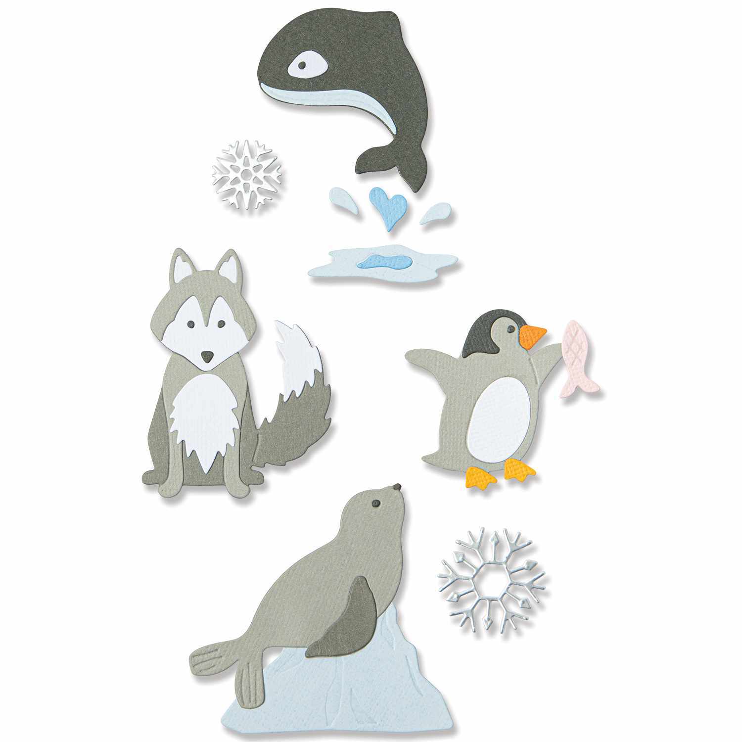 Thinlits Die Set Arctic Animals zeigt stilisierte arktische Tiere wie Wal, Pinguin, Fuchs und Robbe.