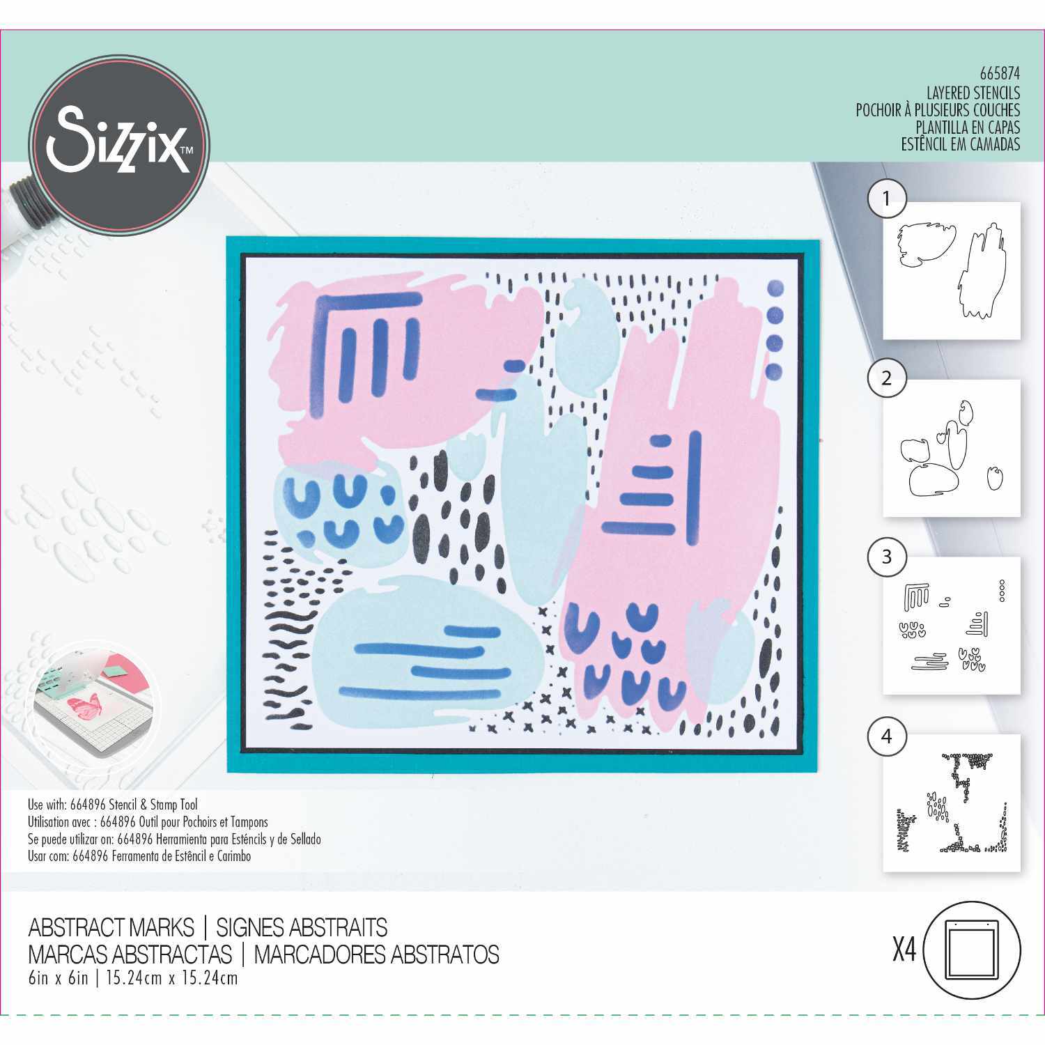 Layered Stencils Abstract Marks zeigt ein kreatives Design mit blauen und rosa Formen von Sizzix. Ideal für Bastelprojekte.