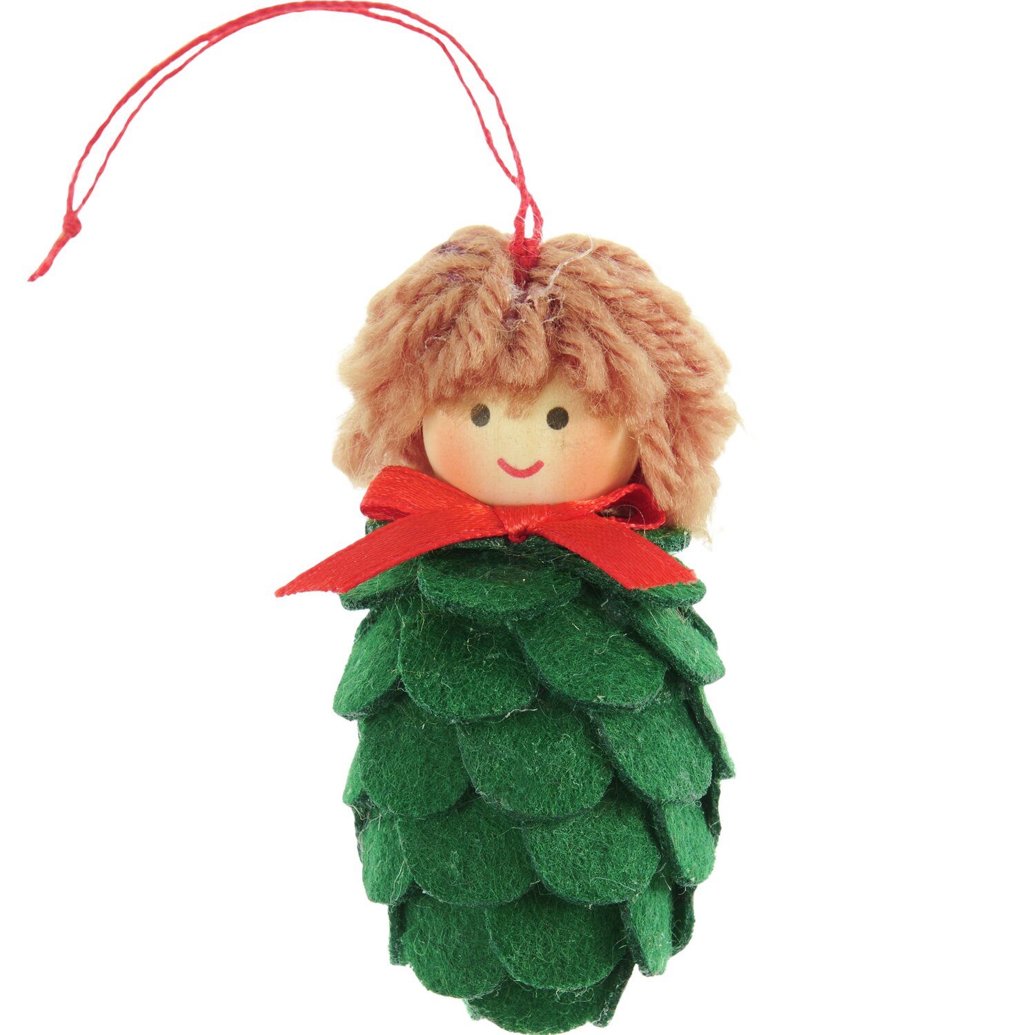 Aufhänger Filz-Zapfenkind Grün: Niedliche Filzfigur mit rotem Band, ideal als Weihnachtsdekoration. Größe 6,8x3,3x3,3cm.