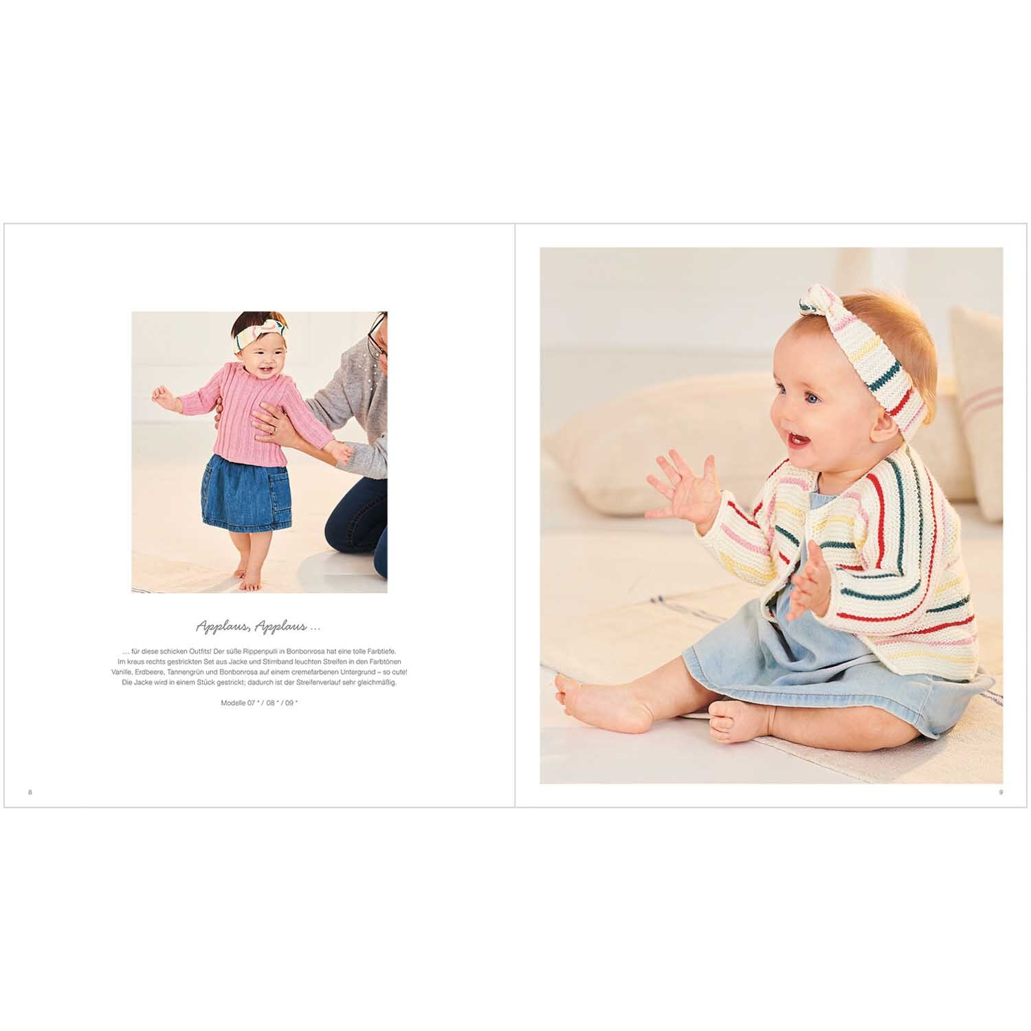 Rico Baby Heft Nr.34 zeigt ein lächelndes Baby in einem gestreiften Pullover und blauer Hose.