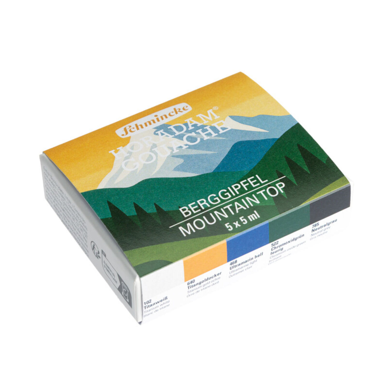 Horadam Gouache Set Berggipfel, Schmincke, 5x5ml, auf bunter Verpackung mit stilisierten Bergen und Farbtönen für hochwertiges, deckendes Malen.