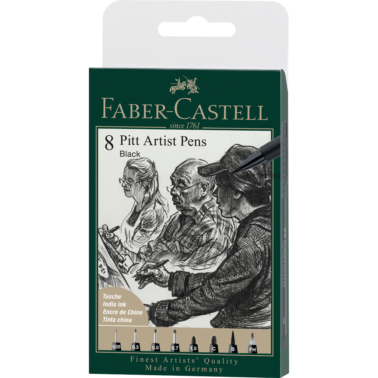 Pitt Artist Pen Tuschestift Set Schwarz, 8-teilig, zeigt Künstler beim Zeichnen. Verpackung von Faber Castell mit Illustrationen.