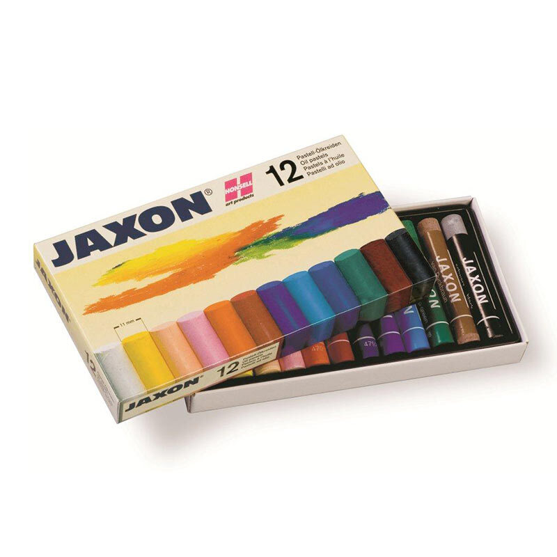 Ölkreide-Set von Jaxon, 12-teilig, in einer offenen Schachtel mit verschiedenen leuchtenden Farben.