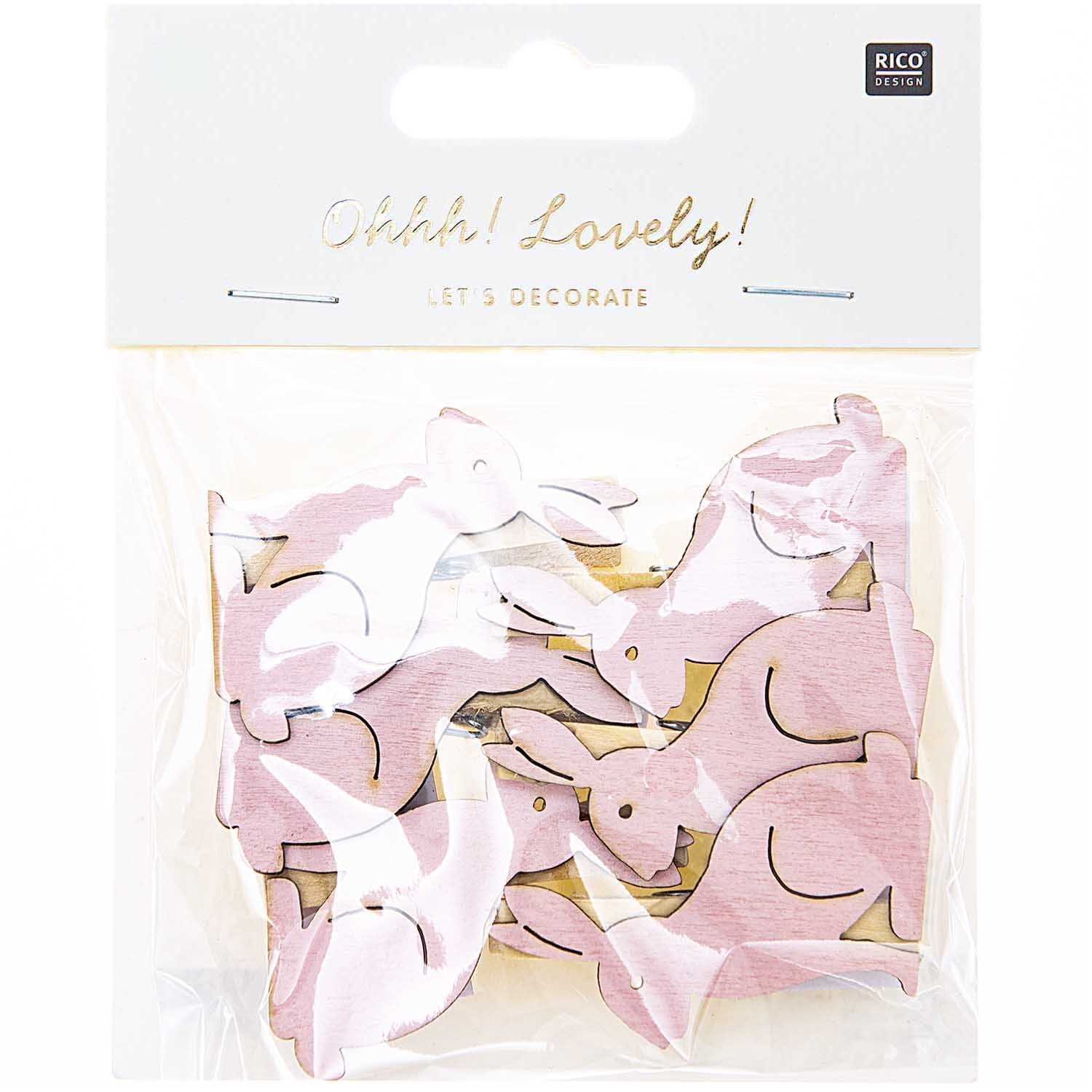 Dekoklammern Hase 6 Stück von Rico Design in Rosa, verpackt in einer transparenten Tüte.