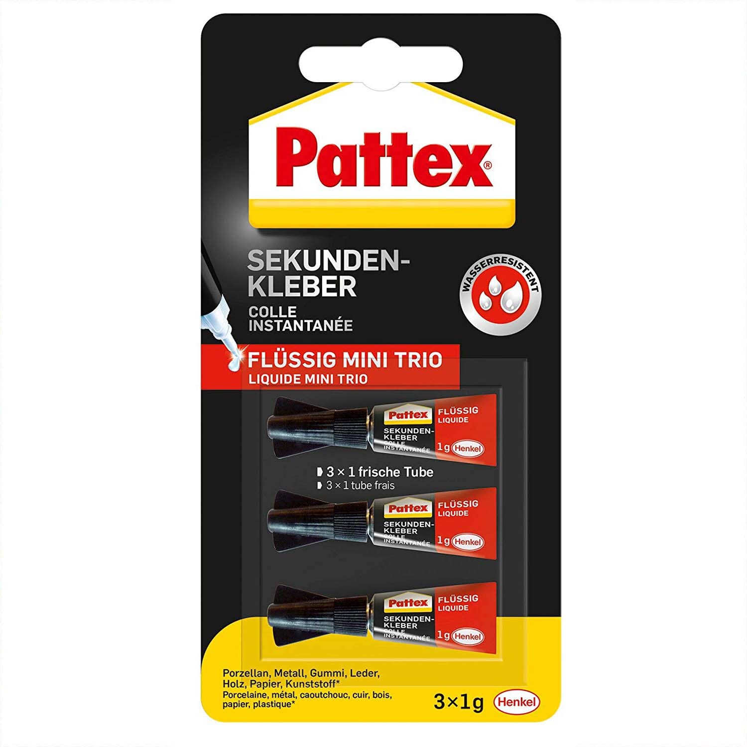 Flüssiger Sekundenkleber Mini Trio 3x1g von Pattex, drei Tuben auf schwarzem Hintergrund, ideal für präzise Anwendungen.