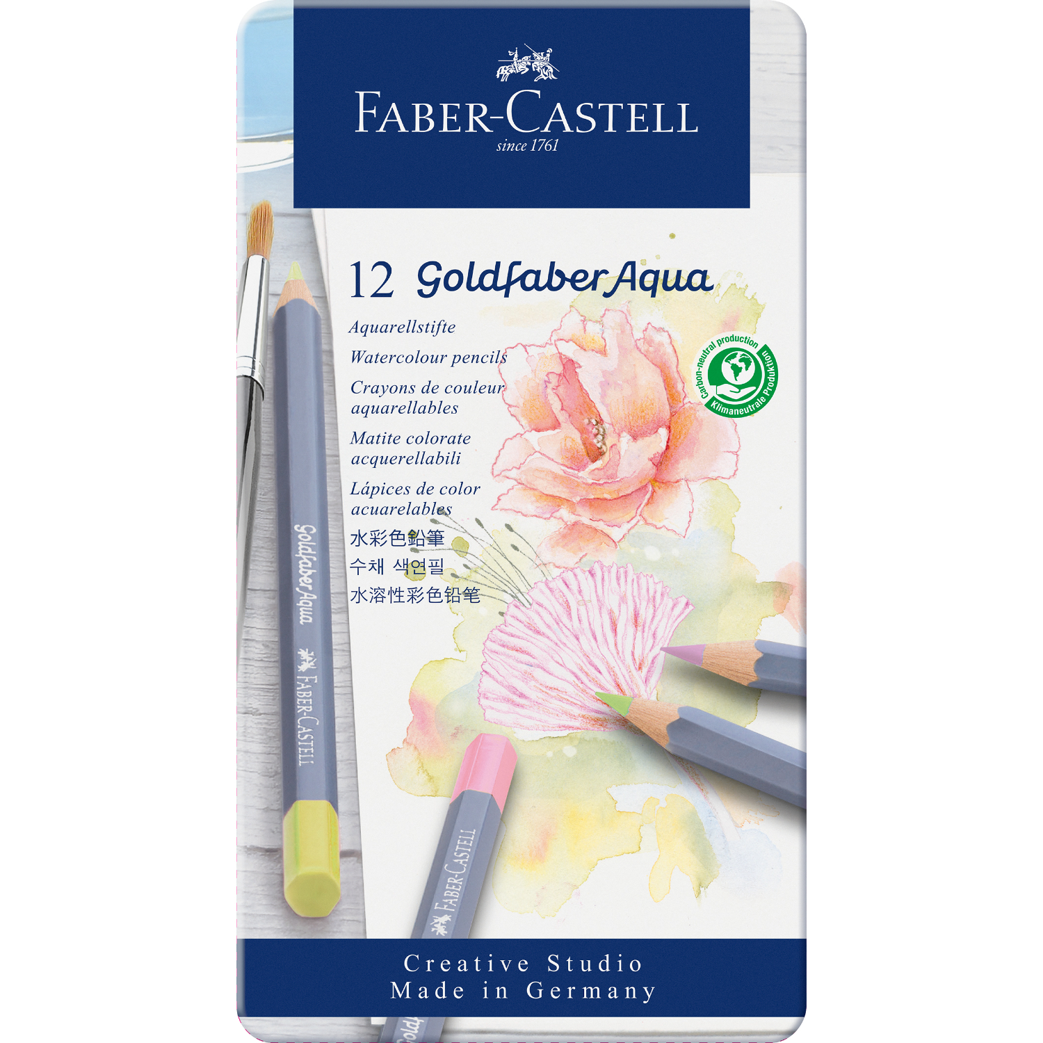 Goldfaber Aqua Aquarellstifte Pastell im Metalletui, 12-teilig, mit Blumenmotiv und Faber Castell Logo.