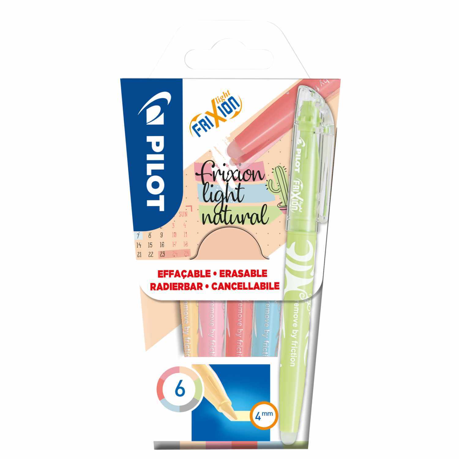Frixion Light Natural Textmarker 6er-Set von PILOT in einer Verpackung mit verschiedenen Farben.