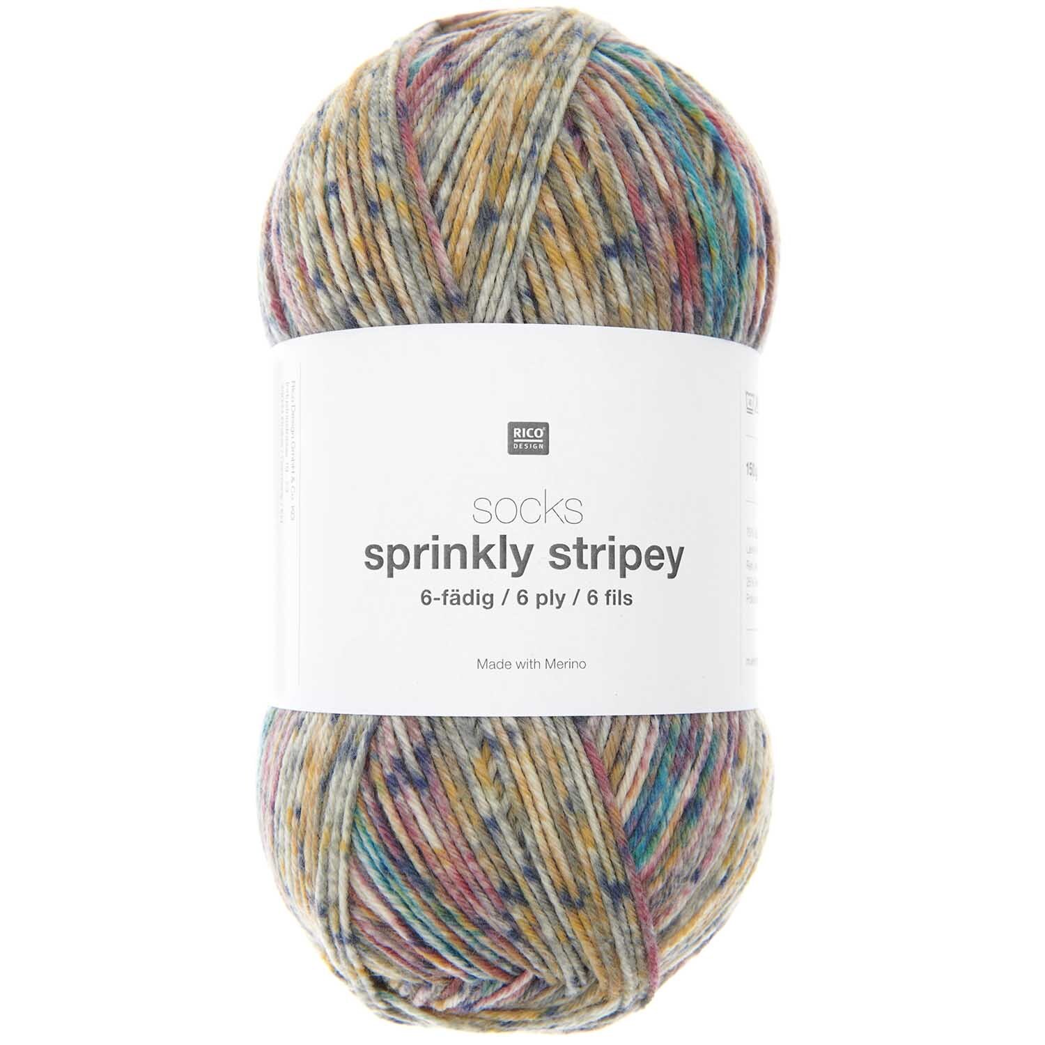 Socks Sprinkly Striply 6-fädig: Bunte Wolle von Rico Design, ideal für kreative Strickprojekte.
