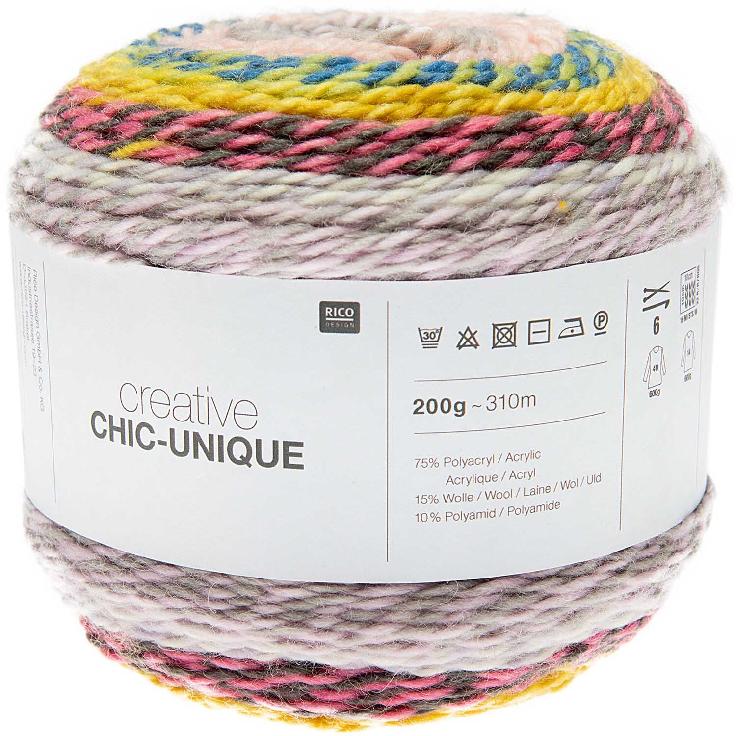Creative Chic-Unique: Bunter Garnknäuel von Rico Design, 200g, 310m, ideal für kreative Strickprojekte.