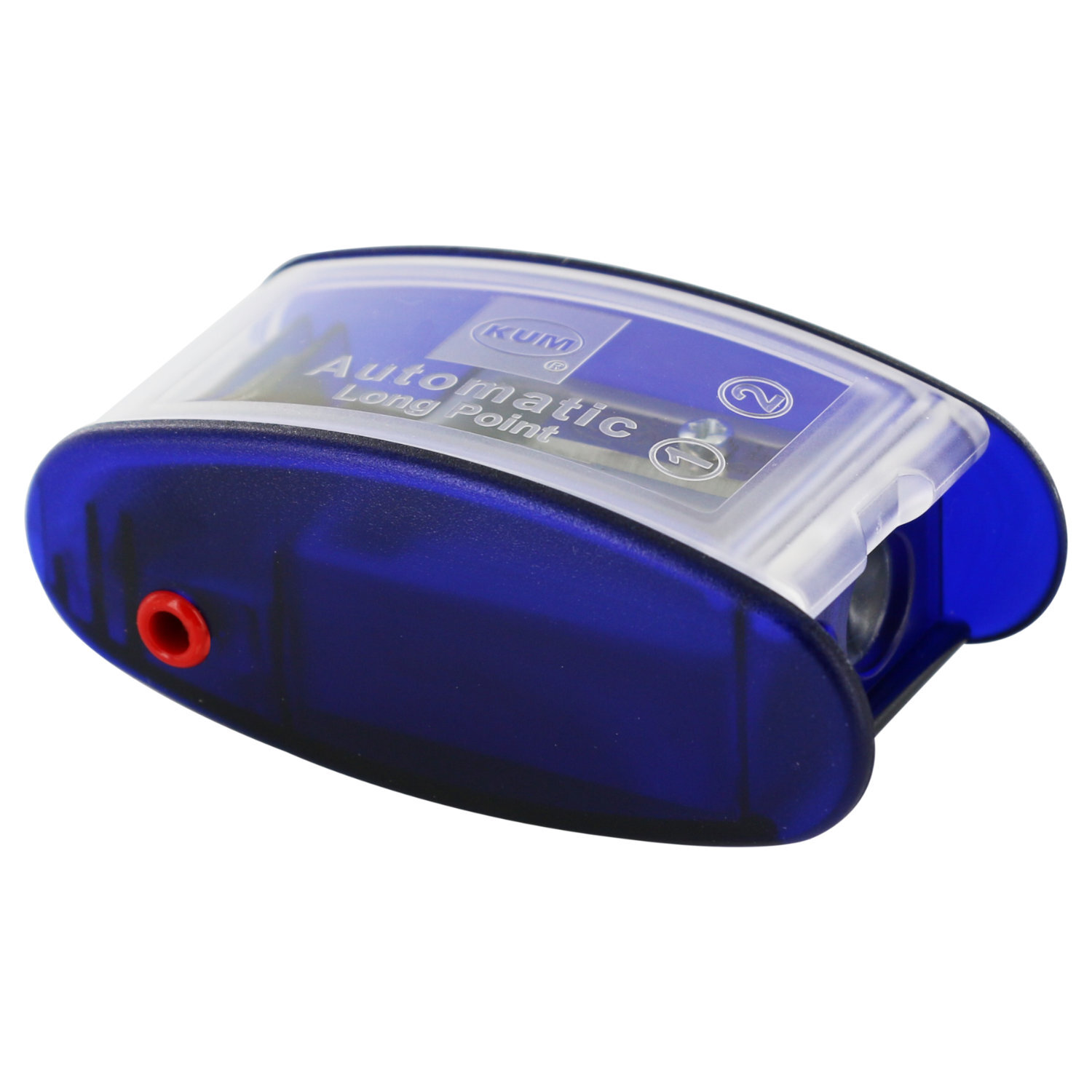 Anspitzer Automatic AS2M: Blauer Anspitzer von KUM mit transparentem Deckel und rotem Detail.