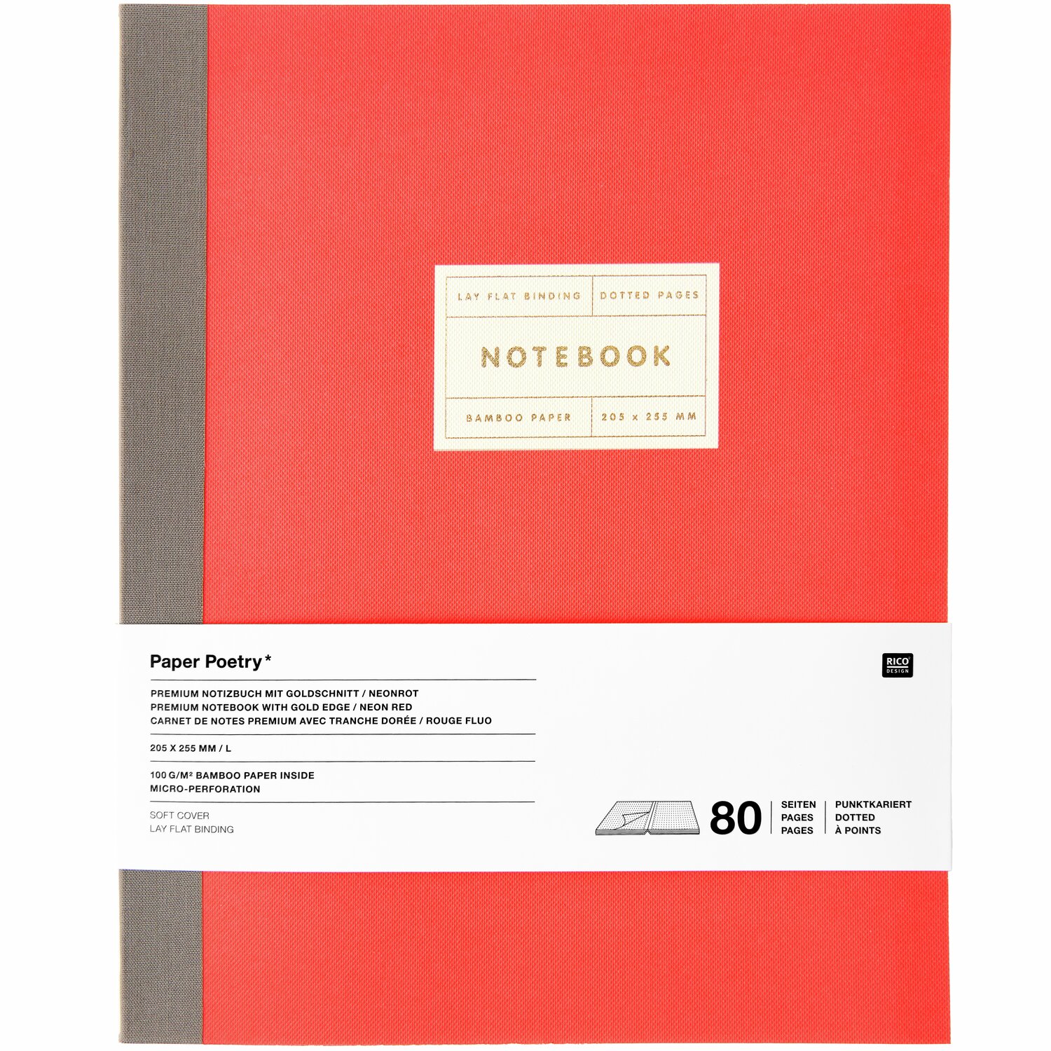 Paper Poetry Notizbuch L in Neonrot mit Goldrand, ideal für kreative Notizen. 80 Seiten.