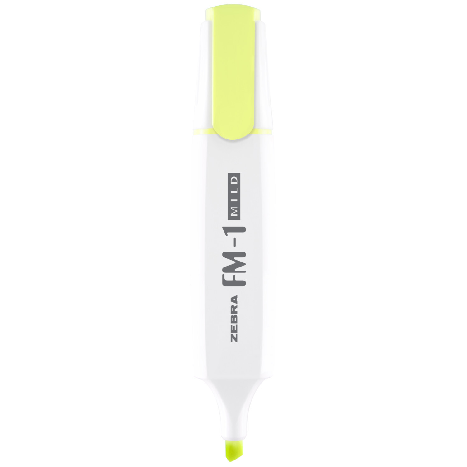 Gelber Textmarker der Marke ZEBRA, Modell FM-1 mild, in der Vorderansicht. Der Stift hat eine weiße Hülle mit gelber Kappe und Spitze, ideal für präzises Markieren.
