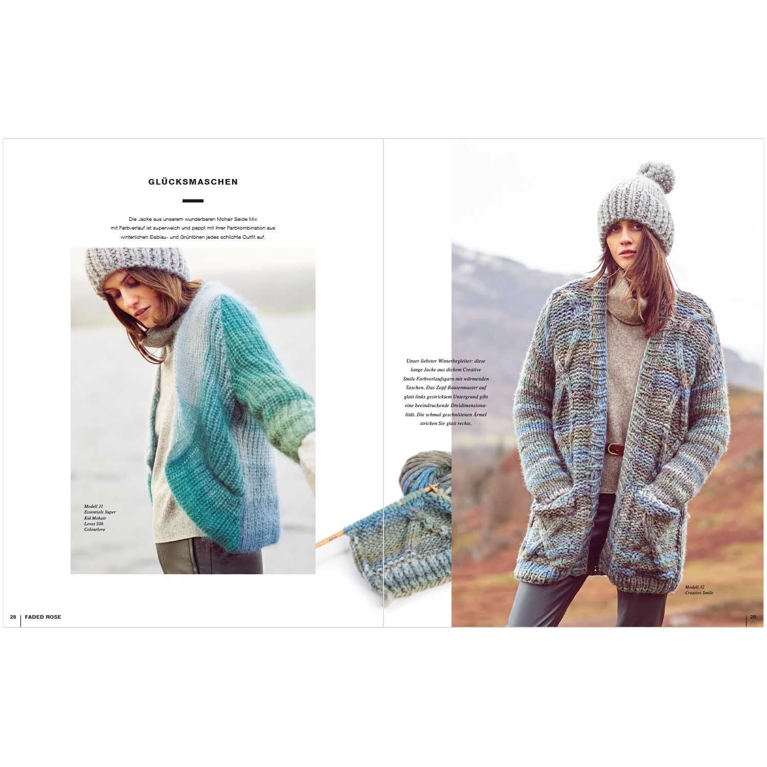 Lovewool Nr.11 Handstrickmagazin Herbst-Winter zeigt Modelle in gestrickten Cardigans und Mützen in Blau- und Grautönen von Rico Design.