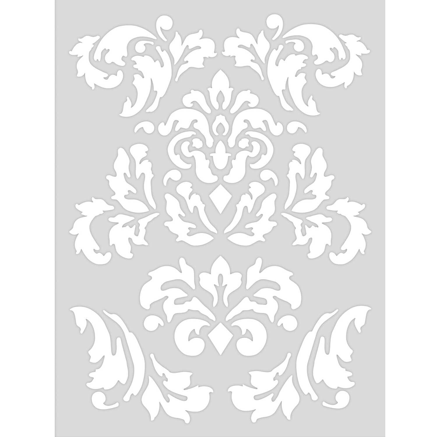 Schablone romantische Ornamente 18,5x24,5cm von Rico Design zeigt elegante, weiße Muster auf grauem Hintergrund. Ideal für kreative Projekte.