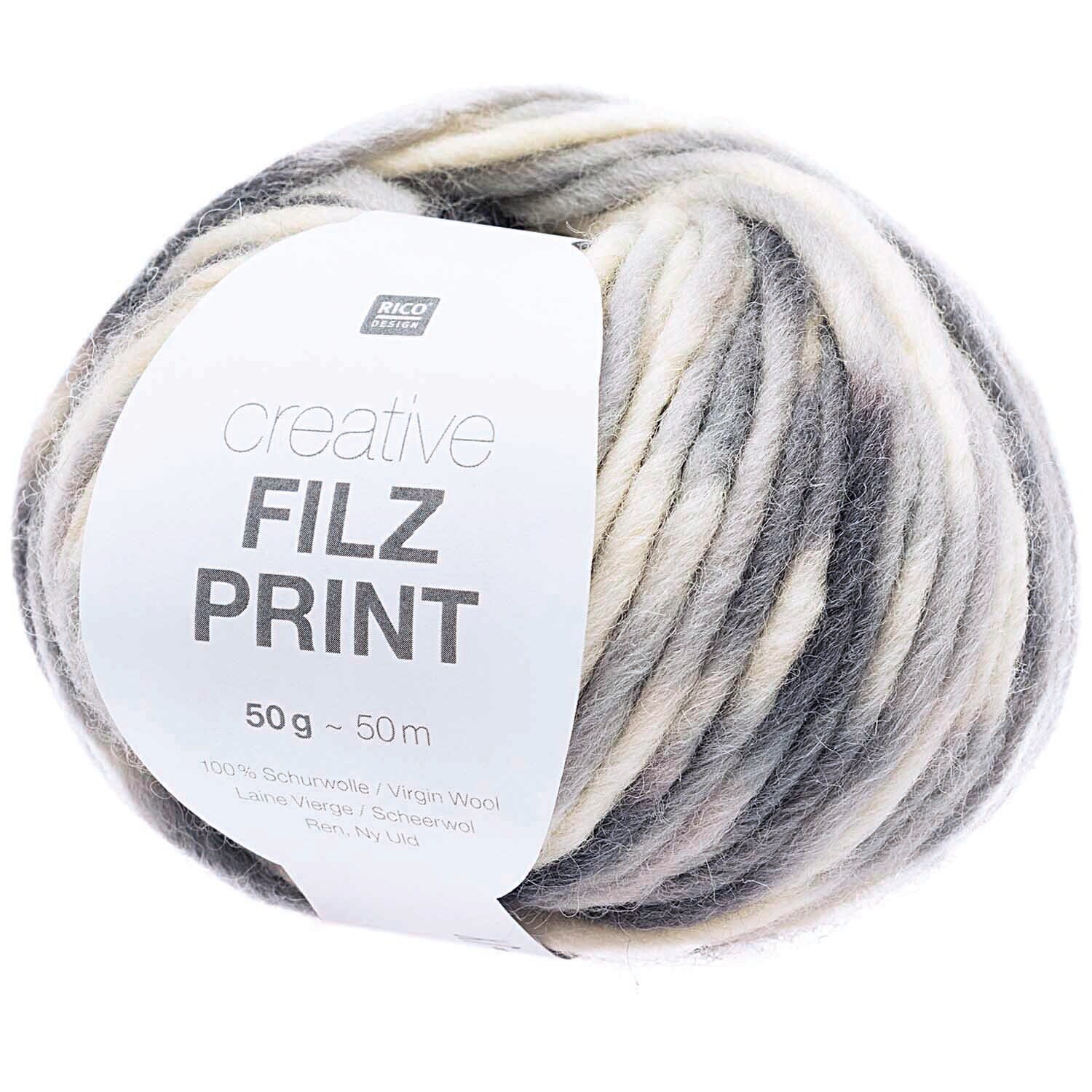 Creative Filz Print Wolle in Grautönen von Rico Design, 50g Knäuel, ideal für Strickprojekte.