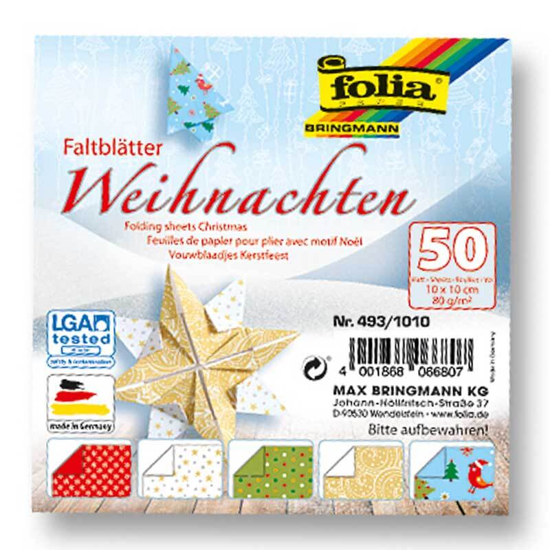 Faltblätter Weihnachten 10x10cm 50 Blatt, Mehrfarbig, von folia, mit weihnachtlichen Mustern und Stern.