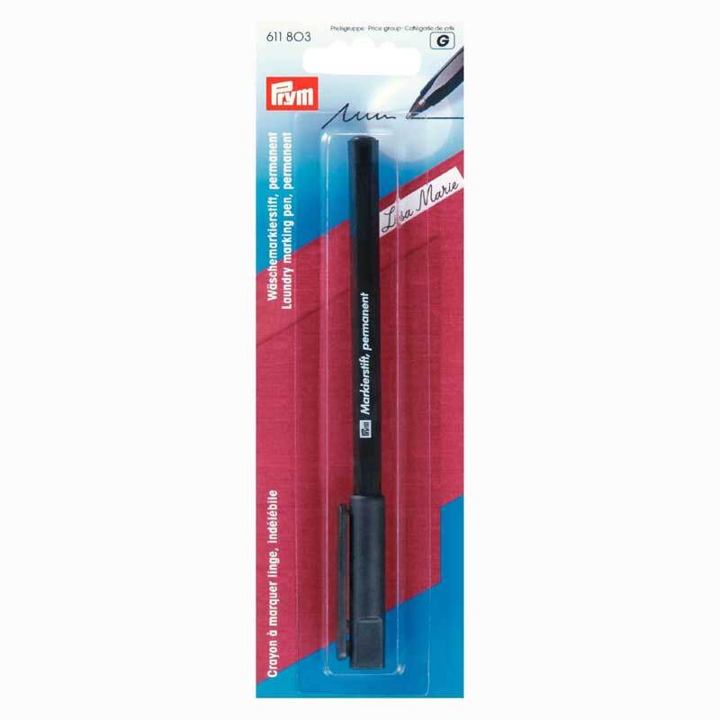 Markierstift permanent für Wäsche von Prym, verpackt auf rotem Hintergrund, ideal für Textilien.
