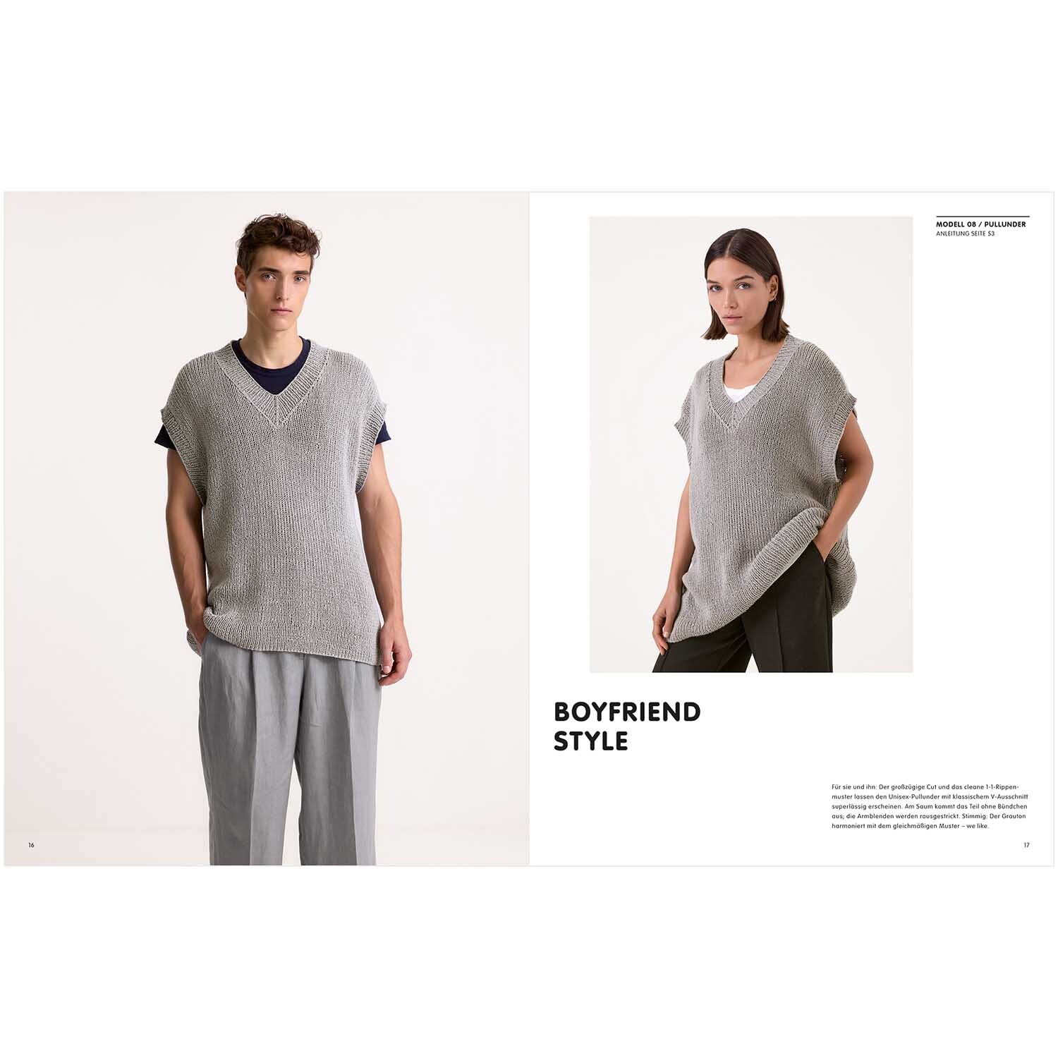 Luxury Knits Summer Special: Zwei Modelle tragen graue, ärmellose Strickoberteile im Boyfriend-Stil.