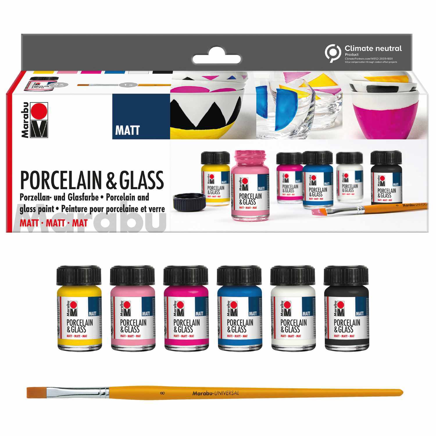 Porcelain & Glass Starterset matt: Sieben Farben von Marabu für Porzellan und Glas, inklusive Pinsel. Ideal für kreative Projekte.