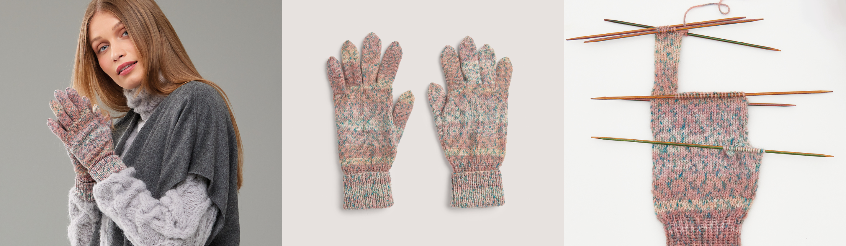 Drei Bilder nebeneinander. Eine Frau trägt gestrickte Fingerhandschuhe, flachliegende gestrickte Handschuhe und ein Strickstück eines Handschuhs mit Stricknadeln.