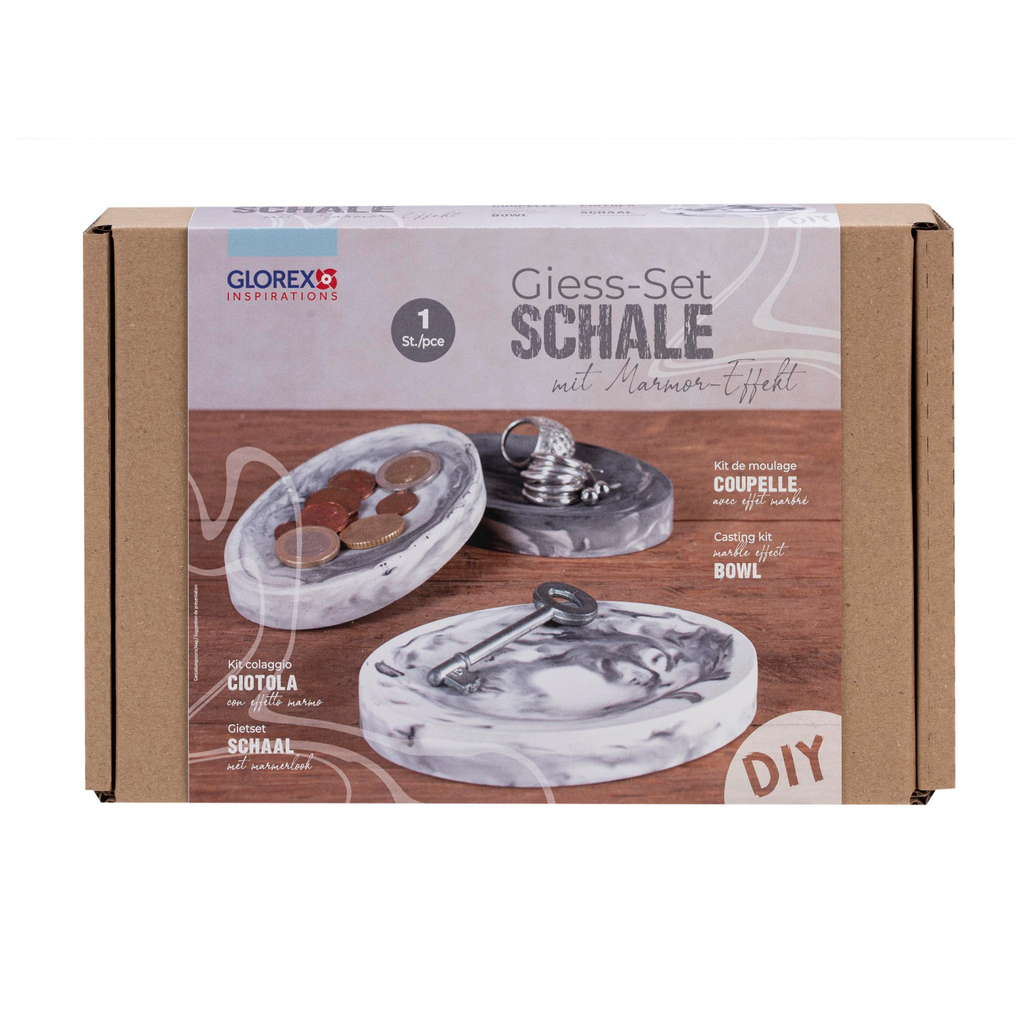 Bastelset Schmuckschale mit Marmoreffekt, 5-teilig, zeigt DIY-Schalen in Marmoroptik. Verpackung von Glorex auf Holzhintergrund.