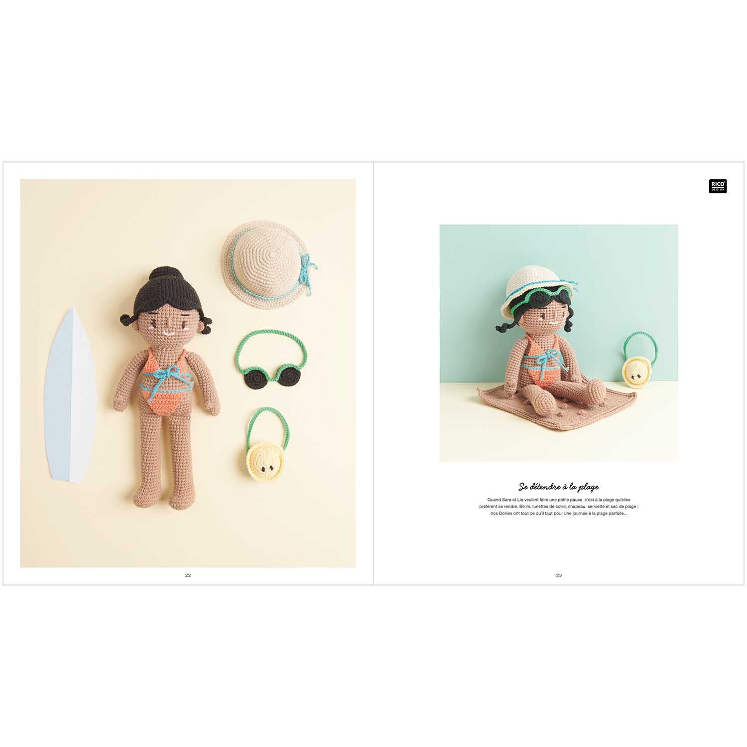 Ricorumi Dollies französisch: Gehäkelte Puppe mit Strandzubehör, inklusive Hut und Sonnenbrille, von Rico Design.