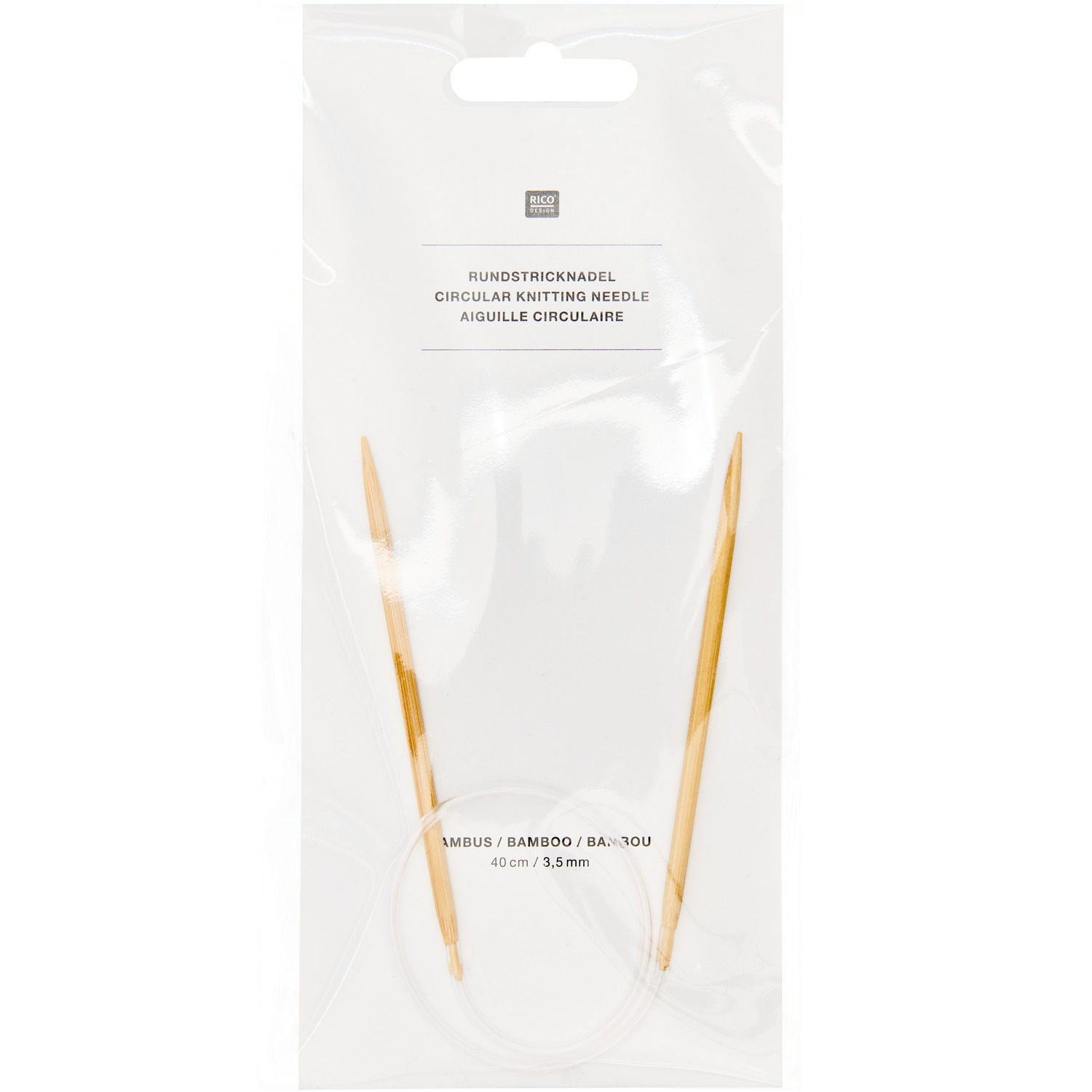 Rundstricknadel 40cm Bambus von Rico Design in transparenter Verpackung, ideal zum Stricken.