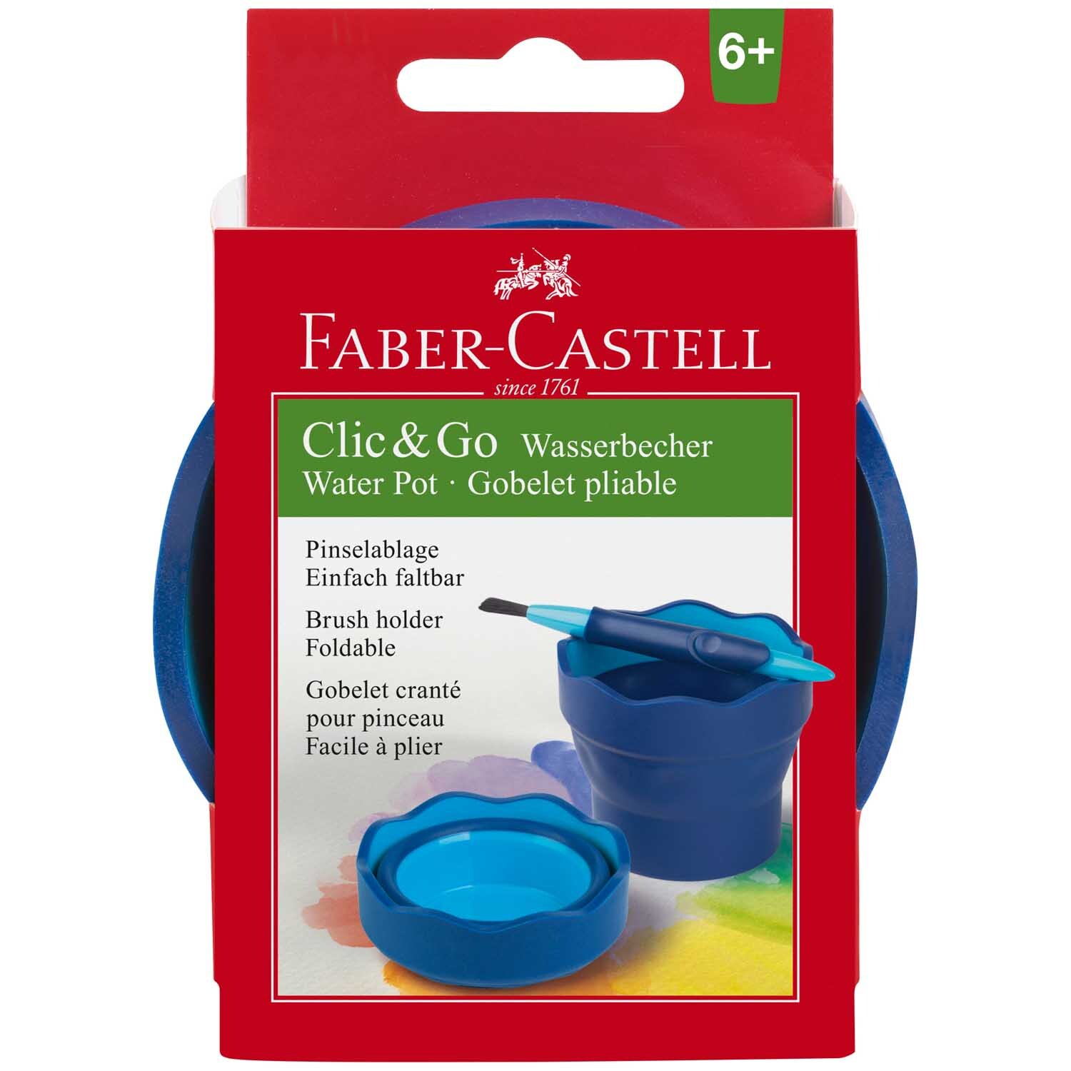 Wasserbecher Clic & Go von Faber Castell in Blau, faltbar mit Pinselablage, ideal für Künstler.