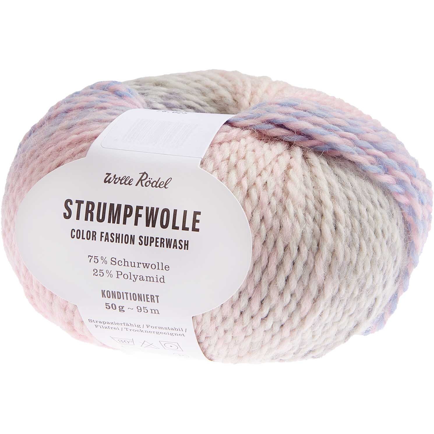 Strumpfwolle Color Fashion in Pastelltönen von Wolle Rödel, 50g Knäuel, ideal für Strickprojekte.