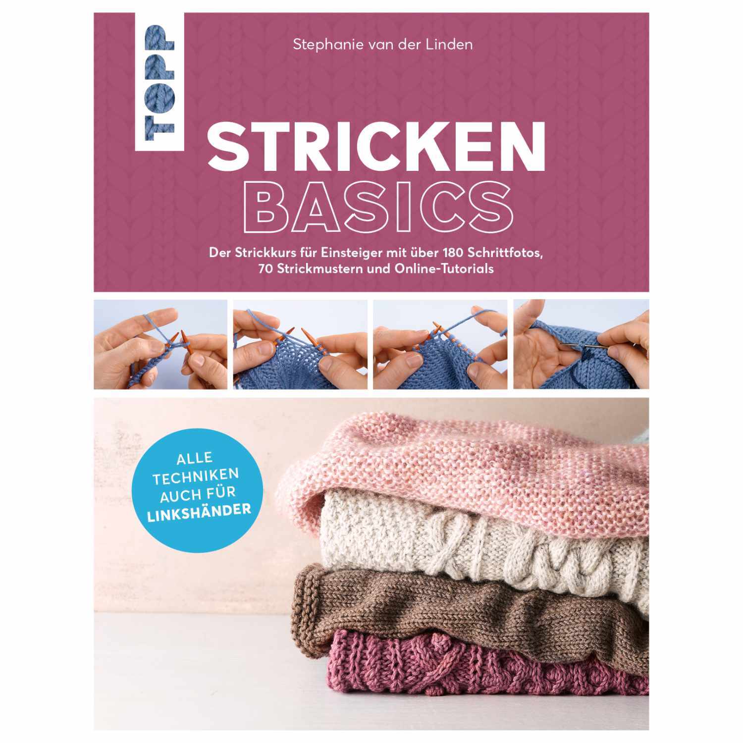 Stricken basics: Buchcover mit gestrickten Textilien in verschiedenen Farben, Marke TOPP.