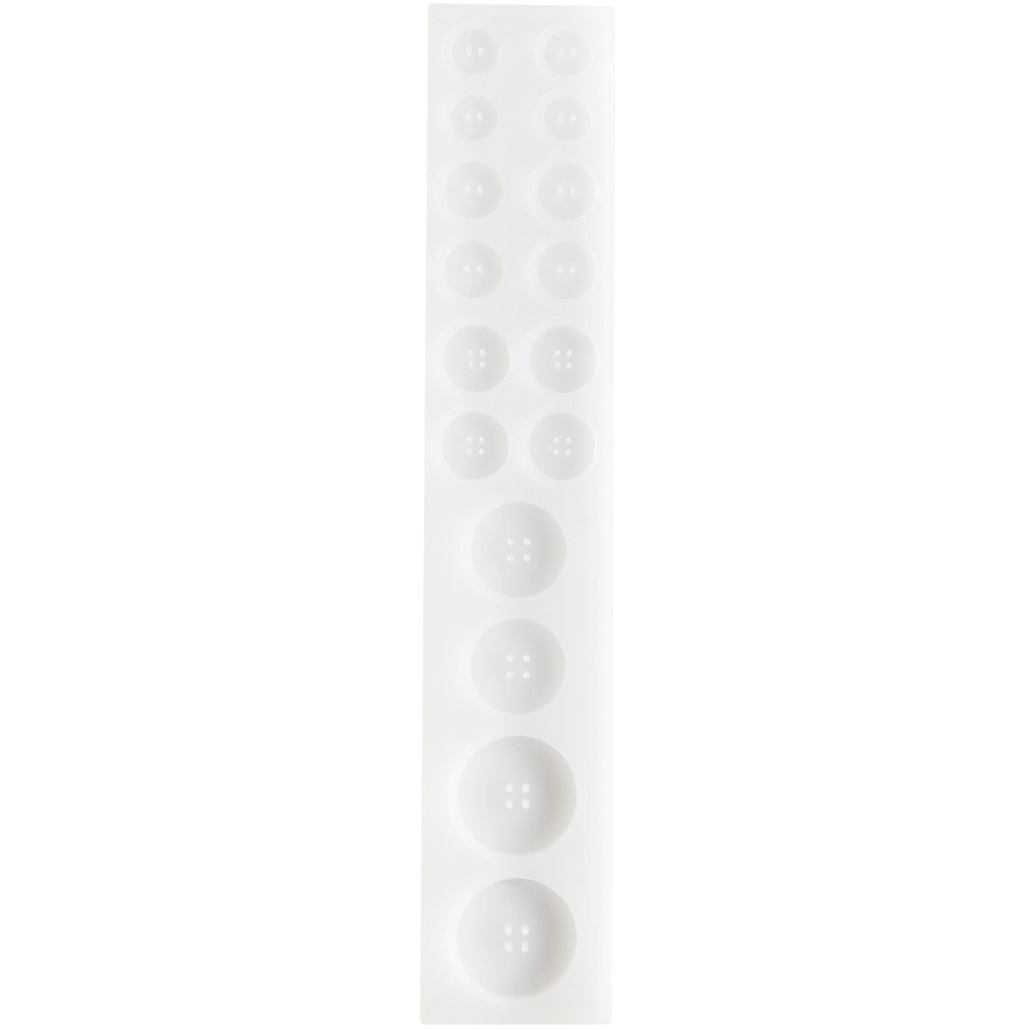 Silikon Gießform Knöpfe von Rico Design zeigt eine weiße Form mit verschiedenen Knopfgrößen.