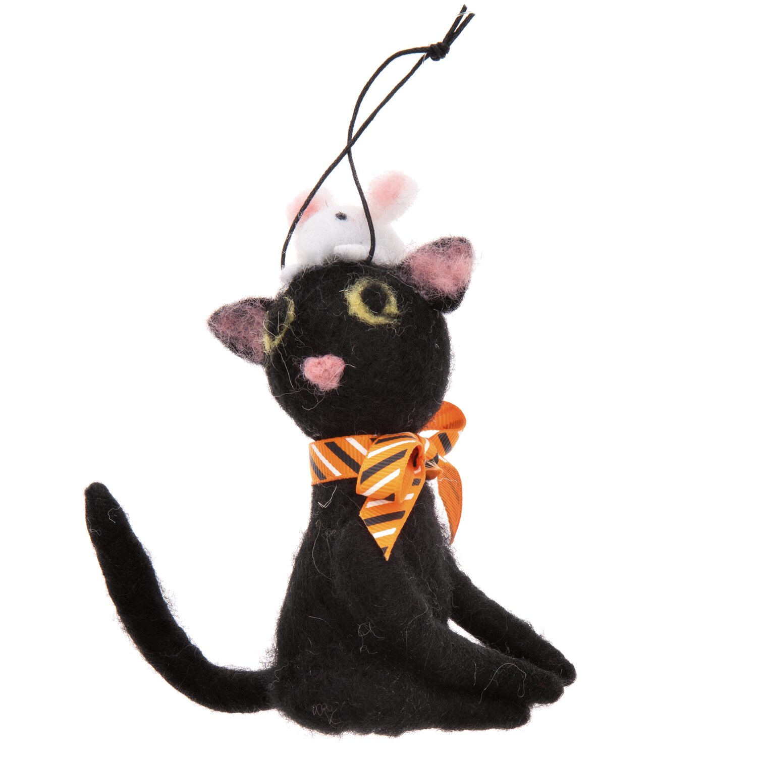 Katze mit Maus handgefilzt schwarz 8x12cm: Schwarze Filzkatze mit orangefarbener Schleife, Maus auf dem Kopf, dekorativ.