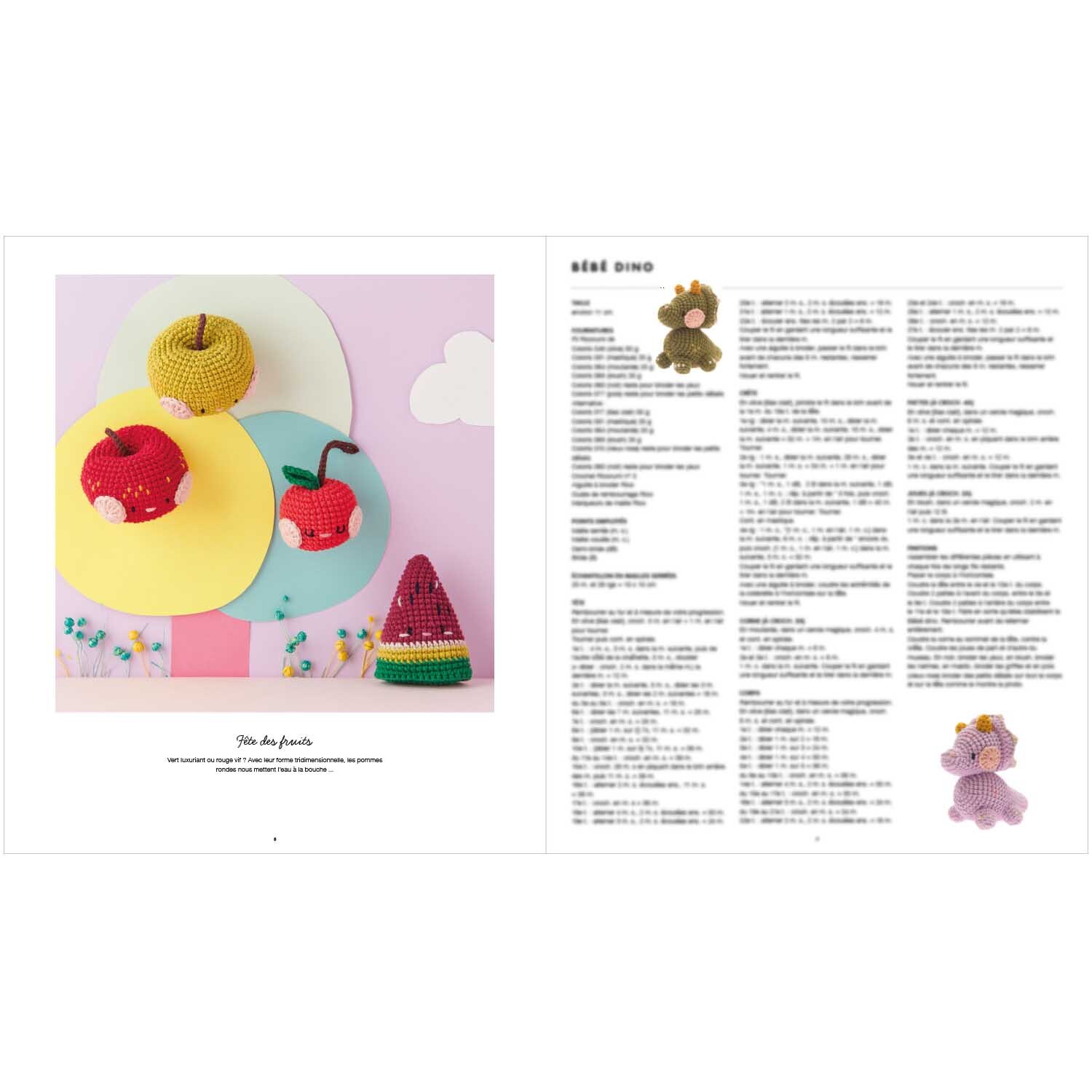 Ricorumi Cute, Cuter, Kawaii französisch: Bunte, gehäkelte Früchte und Figuren auf pastellfarbenem Hintergrund, präsentiert von Rico Design.