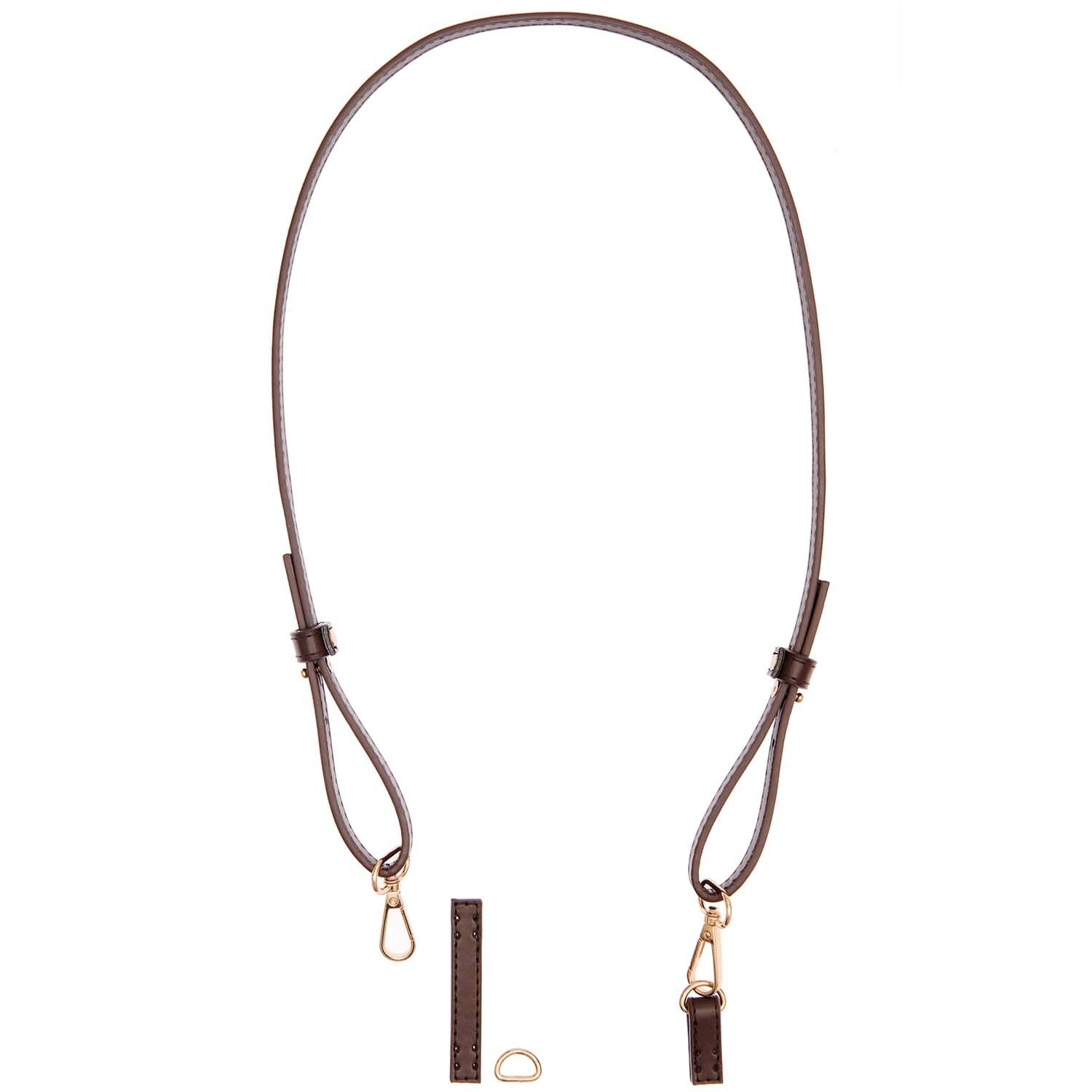Kunstleder Schulterriemen lang dunkelbraun-gold für Häkelset Tasche Modell 23 von Rico Design, abgebildet mit goldenen Details.