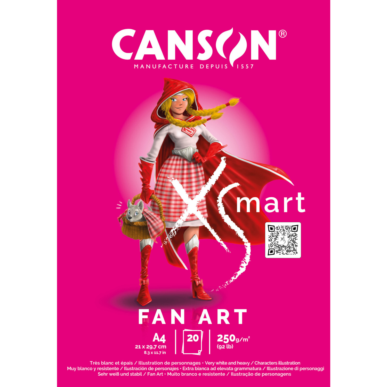 Das Bild zeigt die Vorderansicht eines pinkfarbenen Canson Xsmart Fan Art Blocks mit 20 Blatt im DIN A4-Format, 250g/m². Eine stilisierte Figur in Rot und Weiß ist prominent abgebildet.