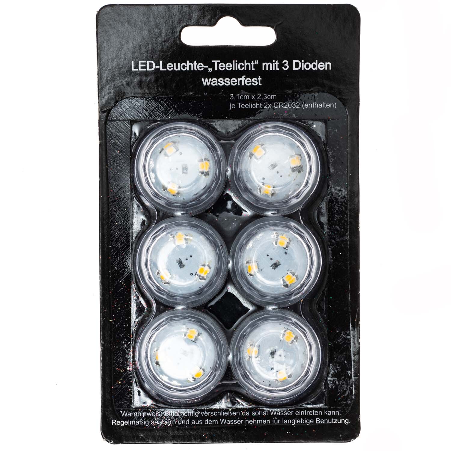 LED-Leuchte Teelicht wasserfest, 6 Stück, transparent, auf schwarzer Verpackung von idee. Creativmarkt.