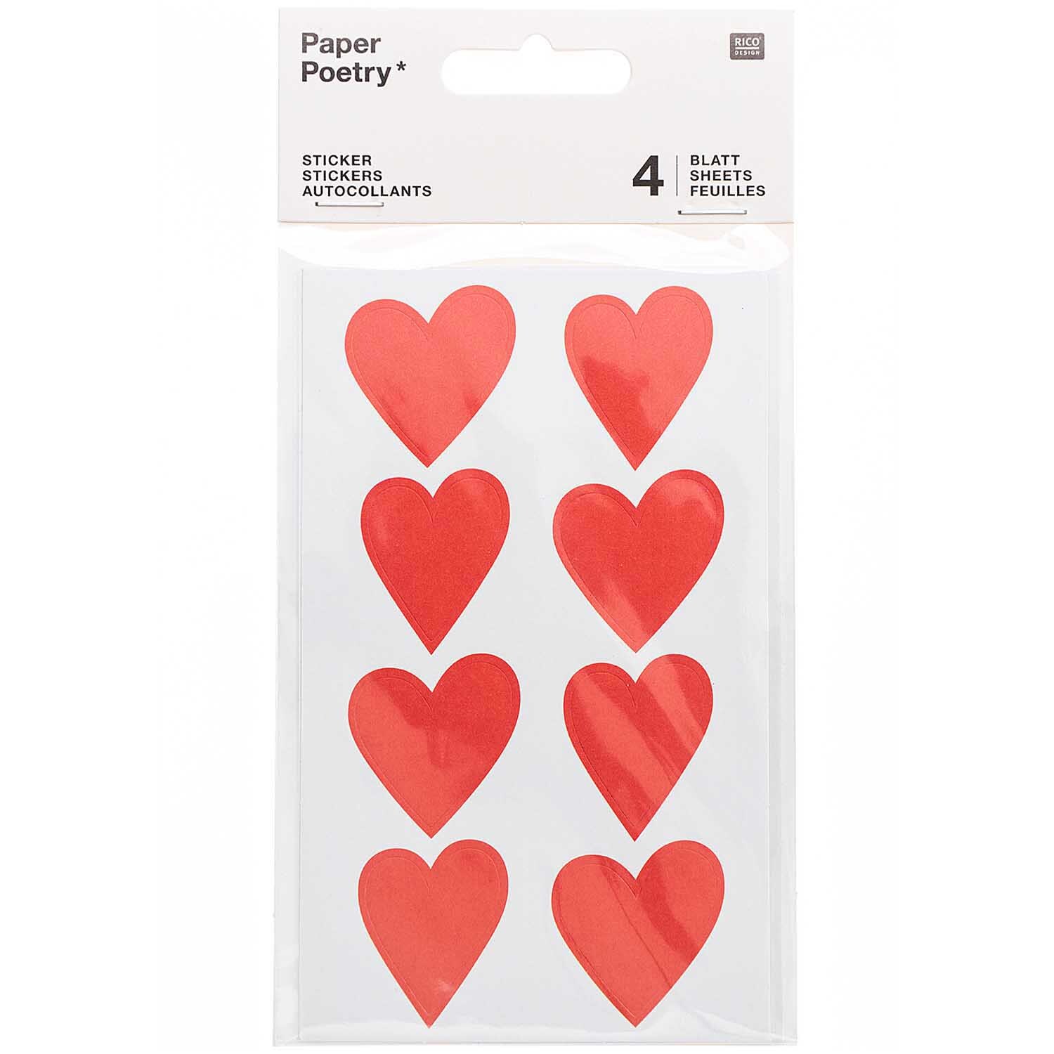 Paper Poetry Sticker Herzen, 4 Blatt, zeigen rote Herzsticker von Rico Design in einer Verpackung.