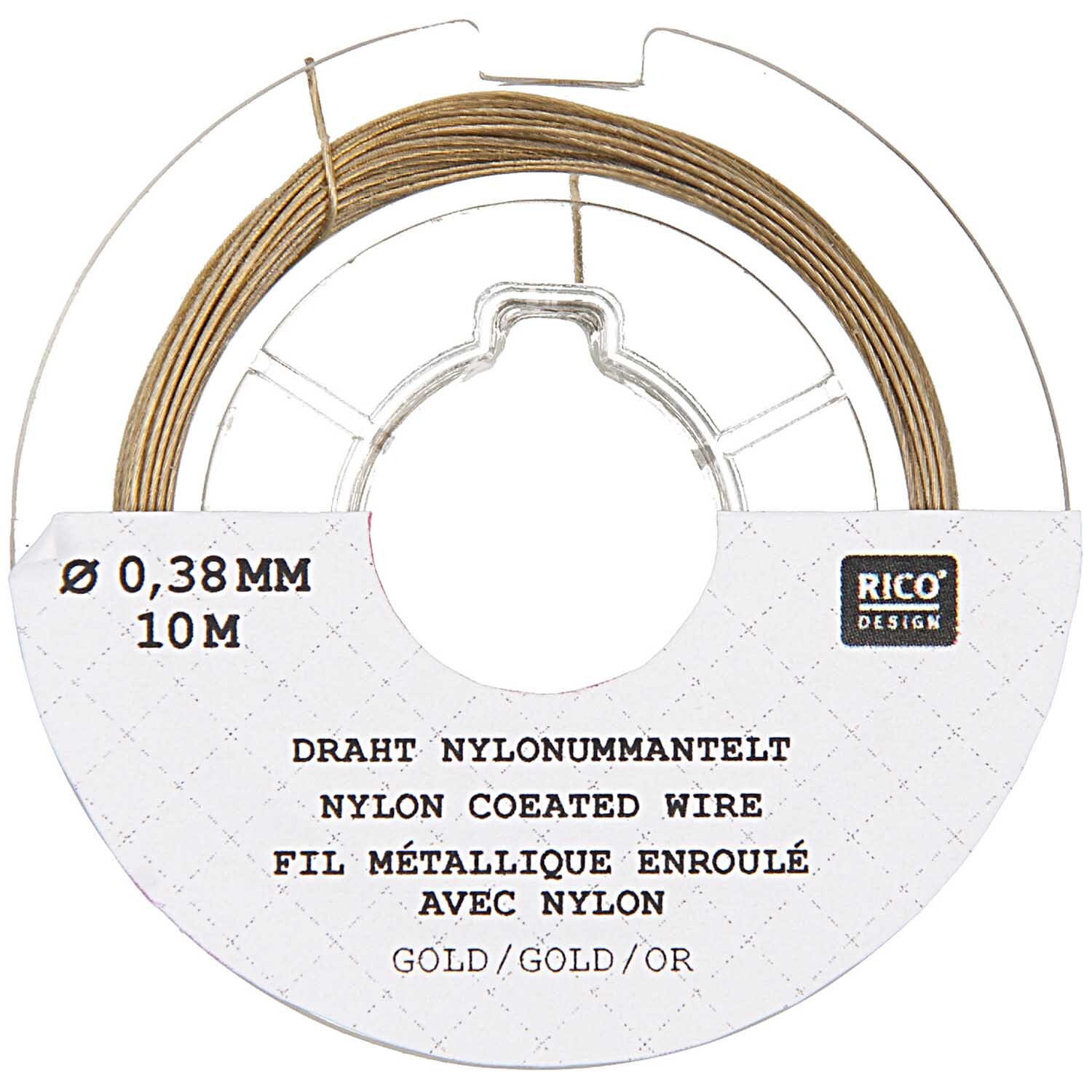 Edelstahlseide 0,38mm 10m von Rico Design in Gold auf Spule, ideal für Schmuckherstellung.