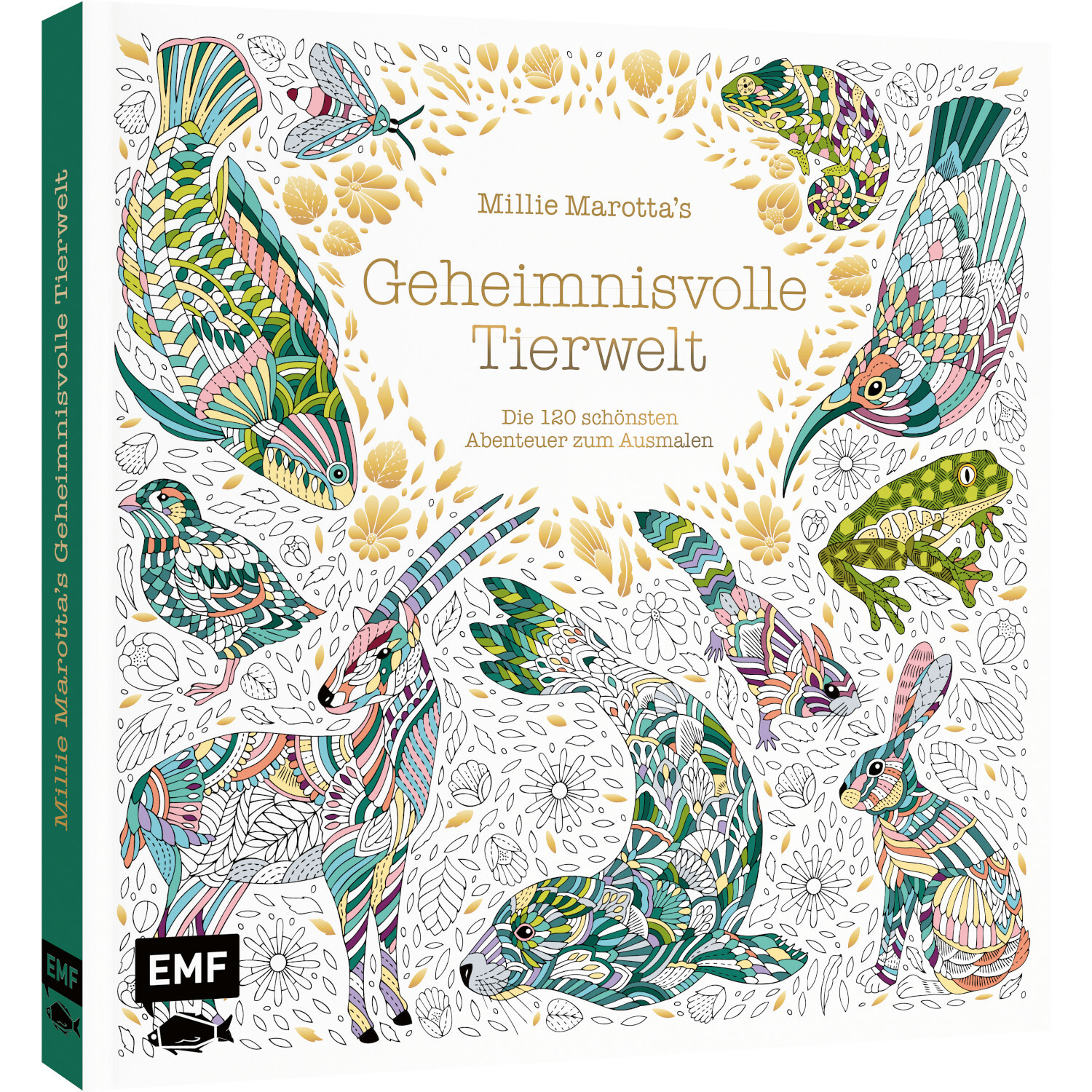 Geheimnisvolle Tierwelt: Ein Ausmalbuch mit 120 Abenteuern, verziert mit bunten Tiermotiven. Marke EMF.