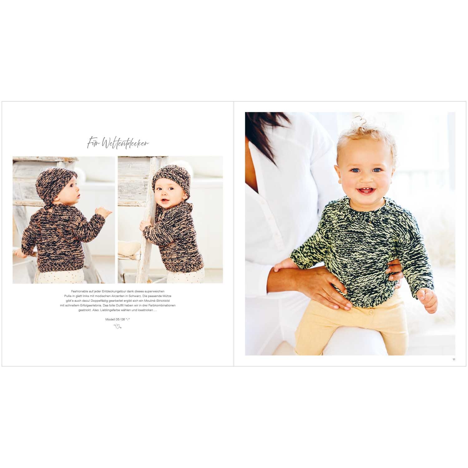 Rico Baby Heft Nr.29 zeigt ein lächelndes Baby in gestricktem Pullover und Mütze von Rico Design.