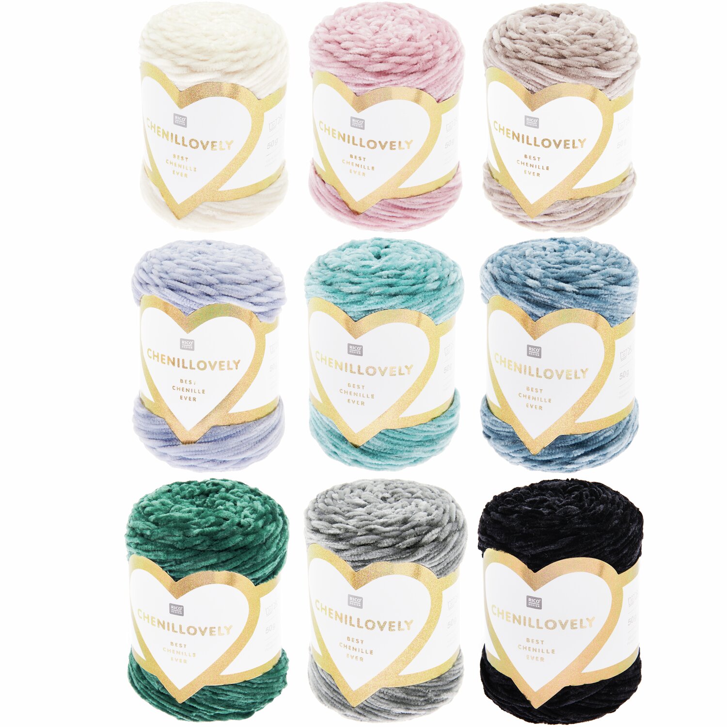 Creative Chenillovely Sortiment, 90-teilig, zeigt bunte Garnrollen in Mauve, Aqua und mehr. Ideal für kreative Projekte.
