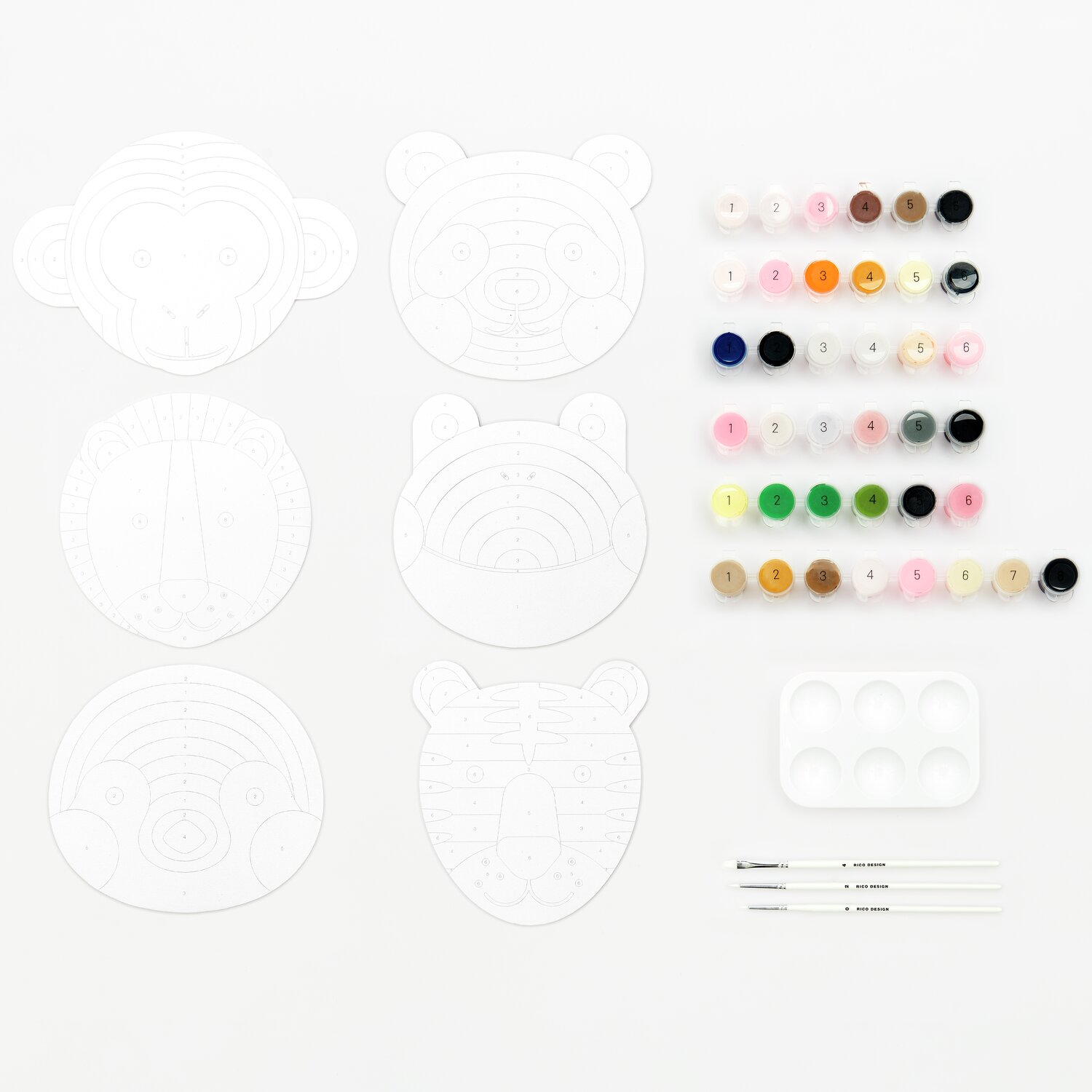 Malen nach Zahlen Kinder Set Tiere mit 6 Tiermotiven, Farben und Pinseln von Rico Design.